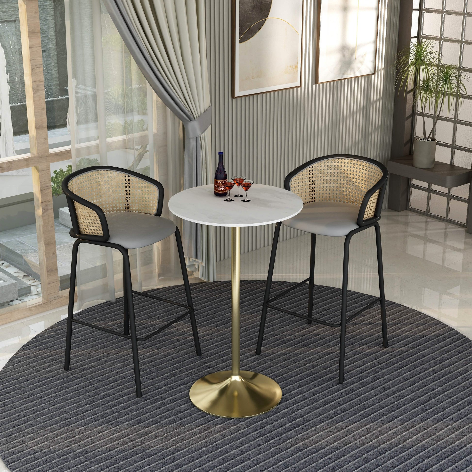 Verve Bar Height Dining Table with Round MDF/Sintered Stone/Resin Top & Gold Stainless Steel Base Sintered Stone 27 Inches Wide White Marbleized Dining Table Leisuremod