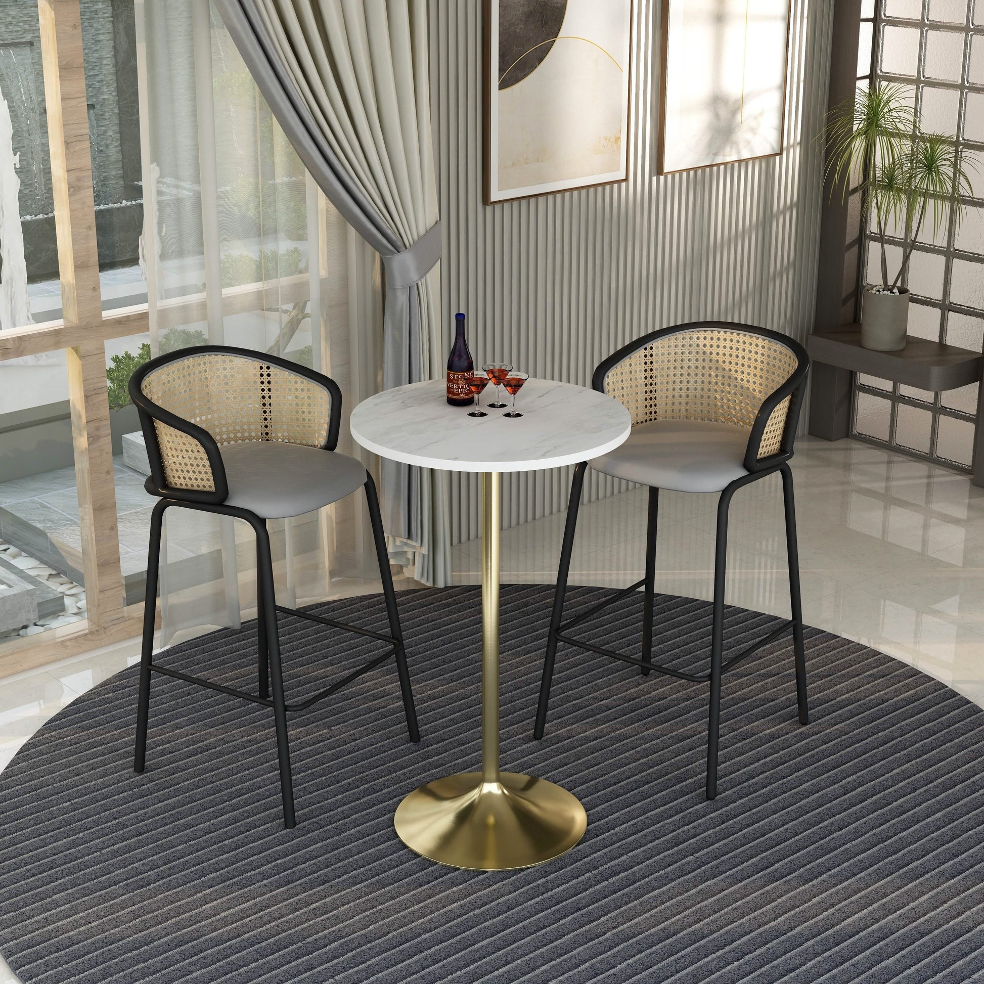 Verve Bar Height Dining Table with Round MDF/Sintered Stone/Resin Top & Gold Stainless Steel Base Resin 27 Inches Wide White Marbleized Dining Table Leisuremod