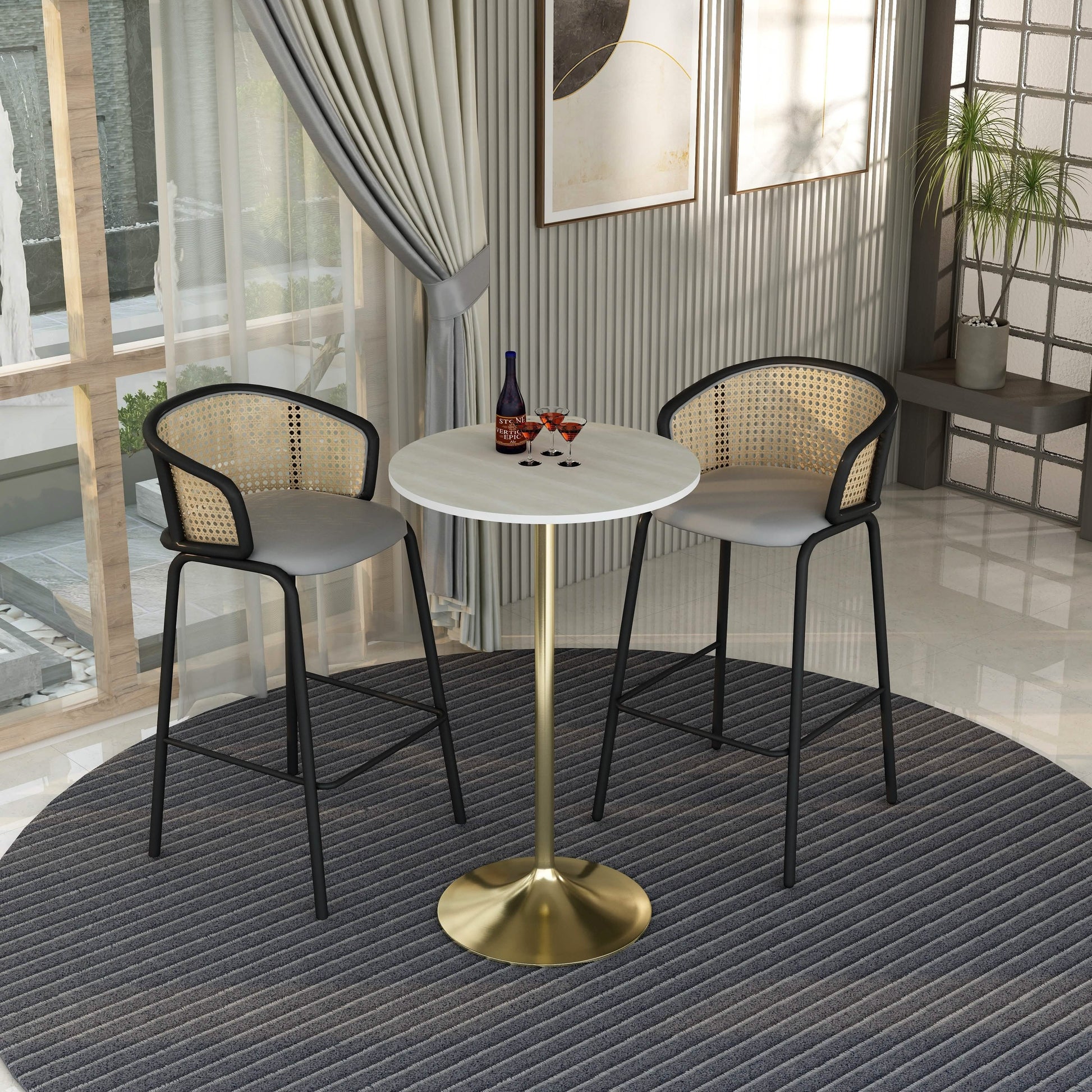 Verve Bar Height Dining Table with Round MDF/Sintered Stone/Resin Top & Gold Stainless Steel Base MDF 27 Inches Wide Light Natural Wood Dining Table Leisuremod