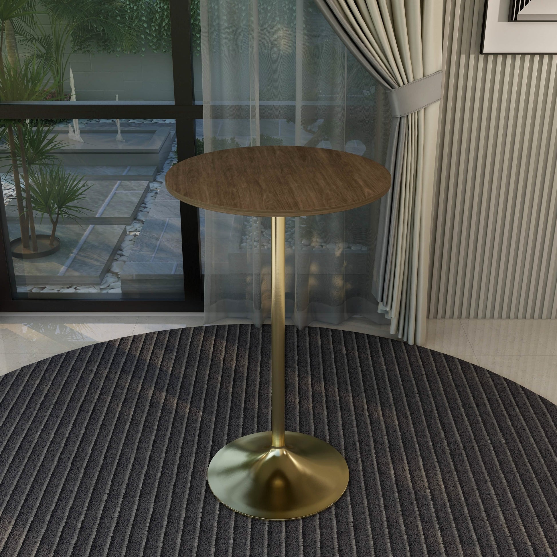 Verve Bar Height Dining Table with Round MDF/Sintered Stone/Resin Top & Gold Stainless Steel Base MDF 27 Inches Wide Dark Walnut Dining Table Leisuremod