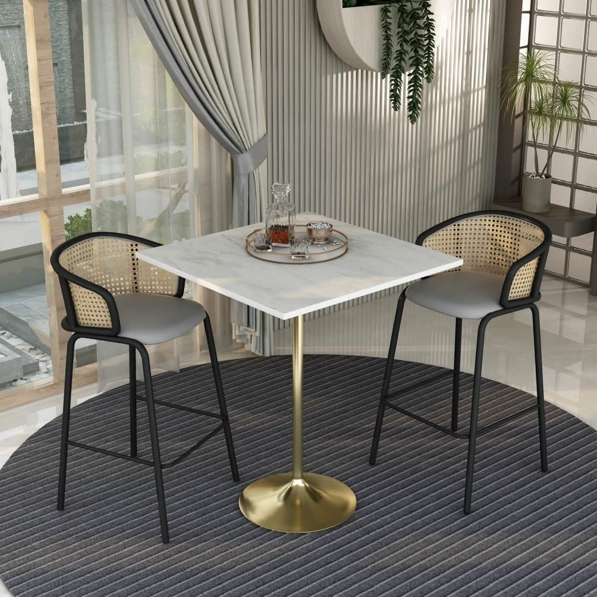 Verve Bar Height Dining Table with Square Resin Top and Black/Gold/White Stainless Steel Base 36 Inches Wide Gold Dining Table Leisuremod