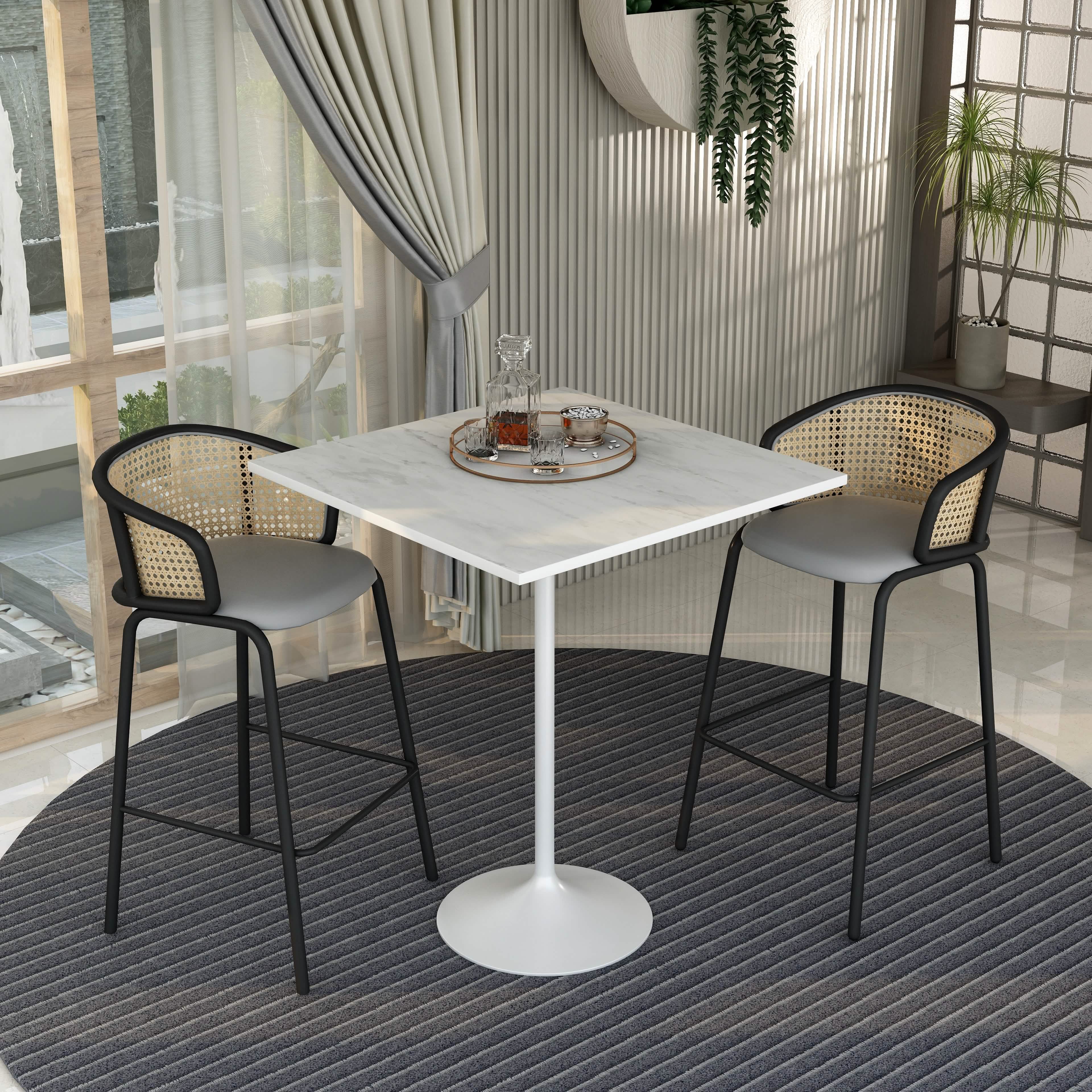 Verve Bar Height Dining Table with Square Resin Top and Black/Gold/White Stainless Steel Base 36 Inches Wide White Dining Table Leisuremod