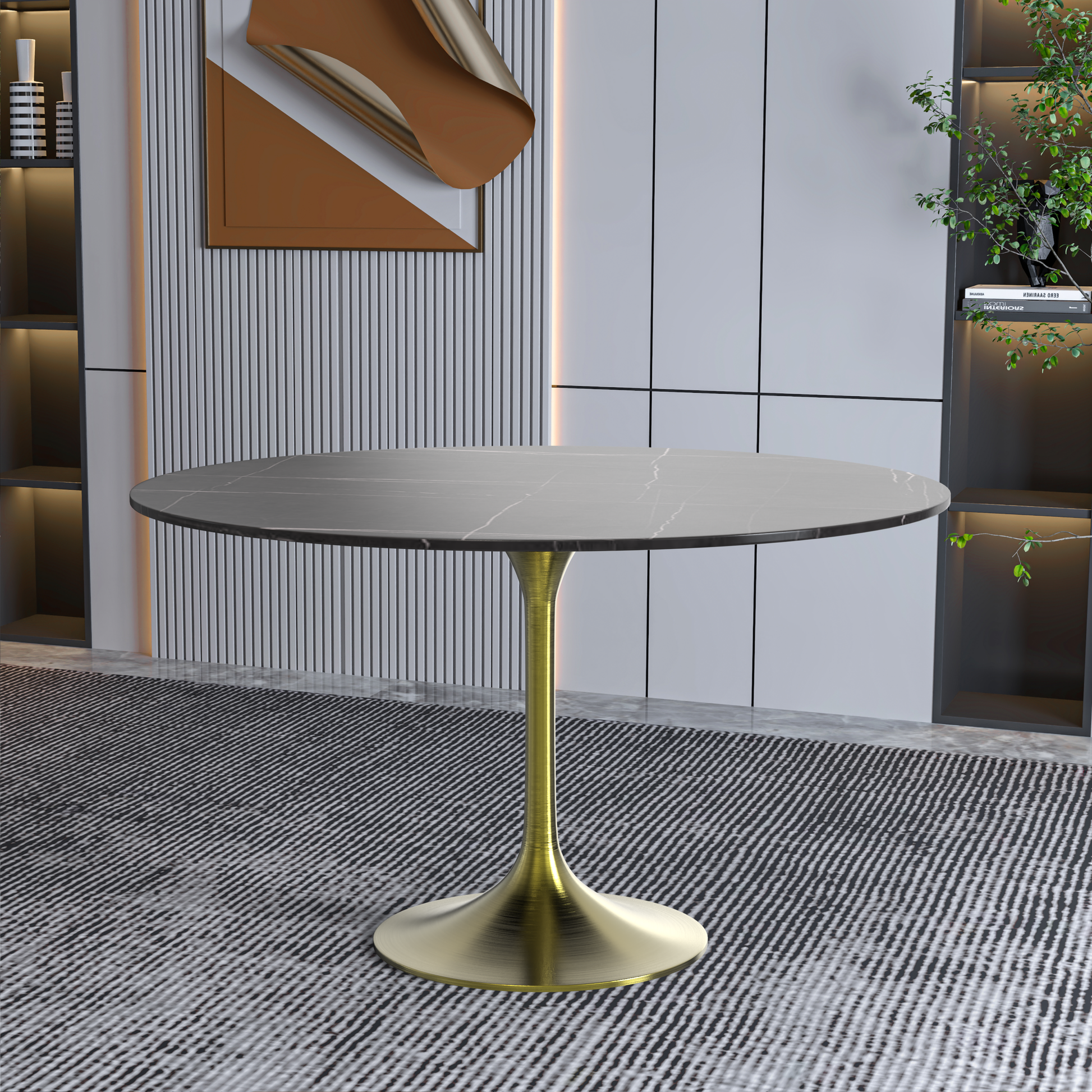 Leisuremod Dining Table Verve Round Dining Table with MDF/Sintered Stone/Resin Tabletop in Gold Stainless Steel Pedestal Base