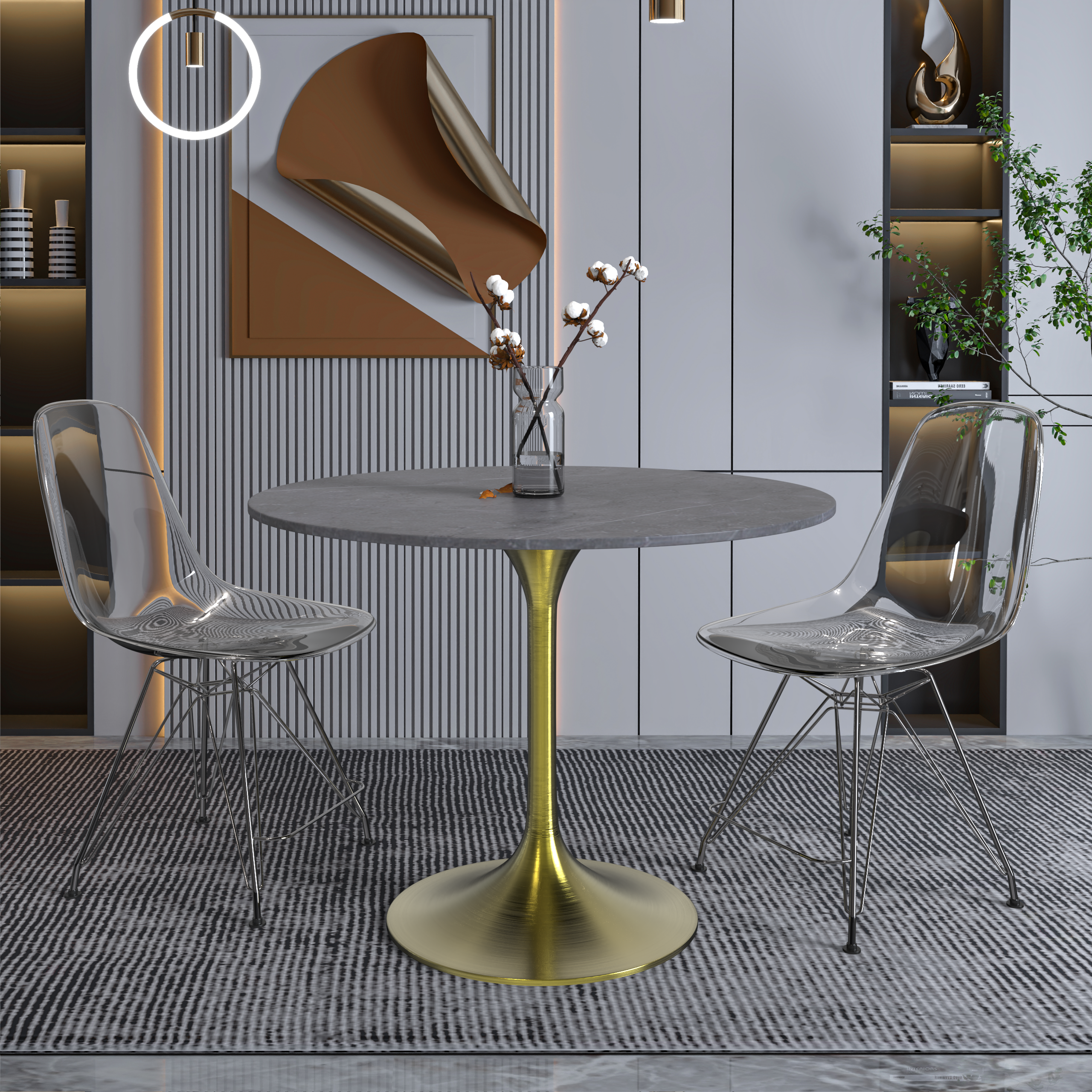 Leisuremod Dining Table Verve Round Dining Table with MDF/Sintered Stone/Resin Tabletop in Gold Stainless Steel Pedestal Base