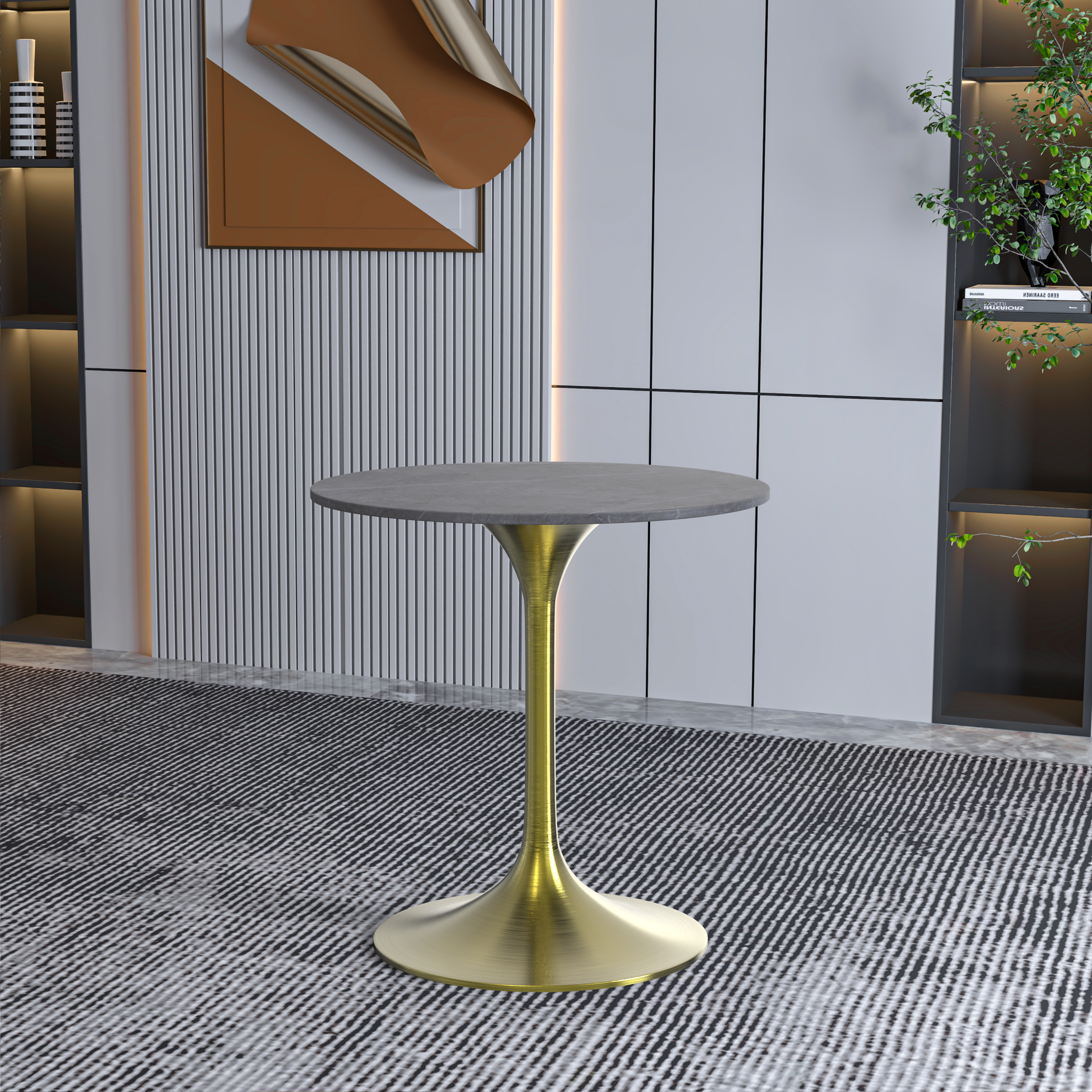 Leisuremod Dining Table Verve Round Dining Table with MDF/Sintered Stone/Resin Tabletop in Gold Stainless Steel Pedestal Base