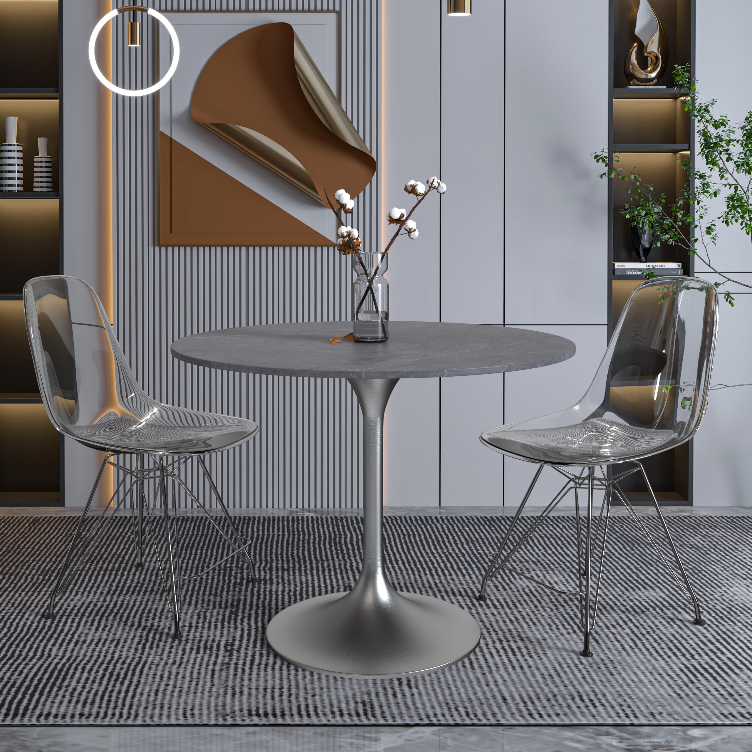 Leisuremod Dining Table Verve Round Dining Table with MDF/Sintered Stone/Resin Tabletop in Silver Stainless Steel Pedestal Base
