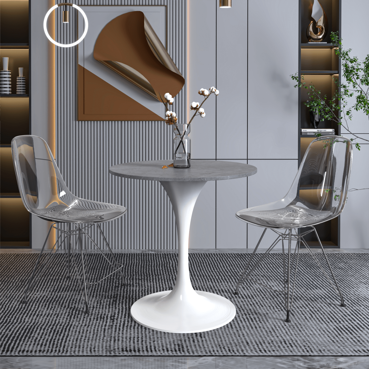 Leisuremod Dining Table Verve Round Dining Table with MDF/Sintered Stone/Resin Tabletop in White Stainless Steel Pedestal Base