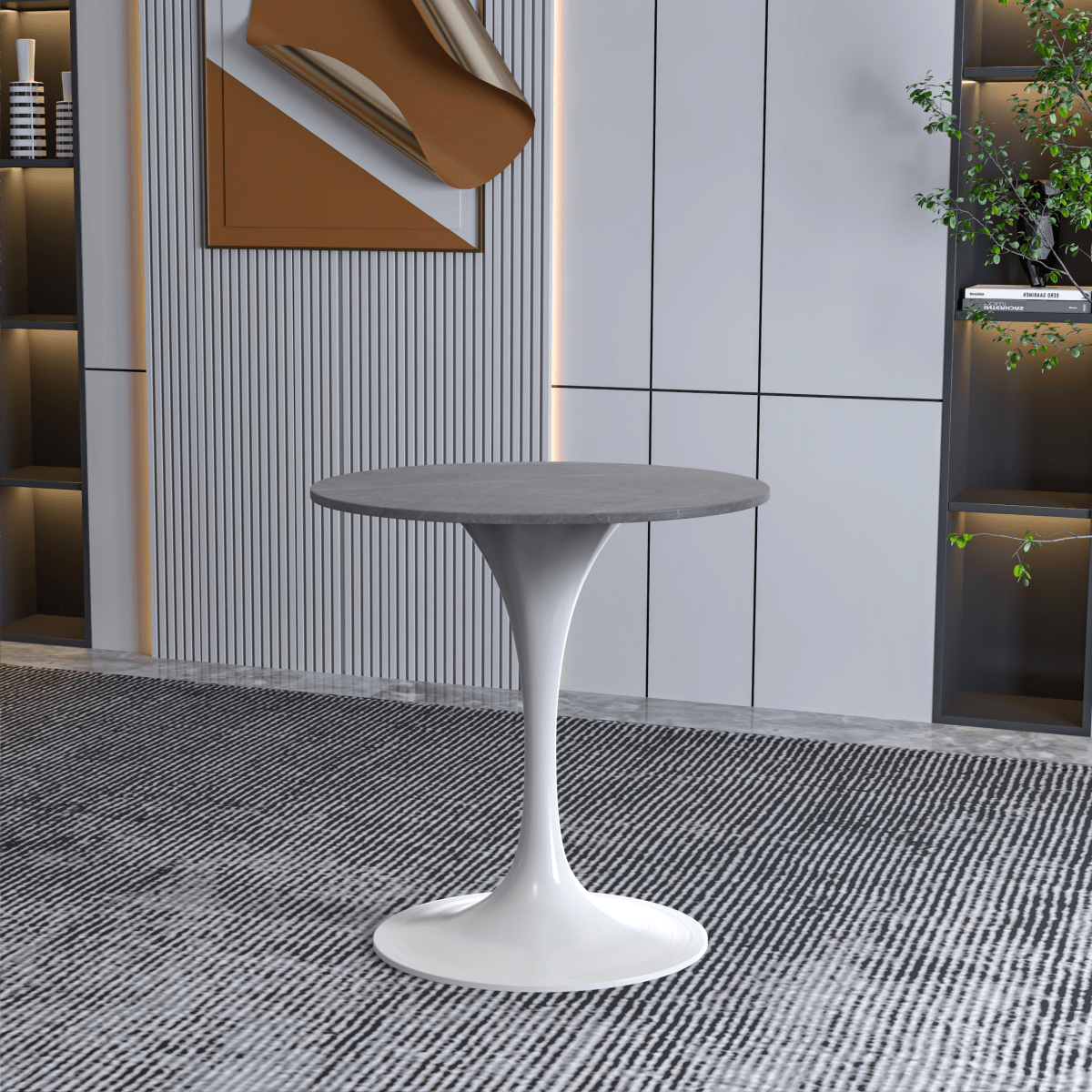 Leisuremod Dining Table Verve Round Dining Table with MDF/Sintered Stone/Resin Tabletop in White Stainless Steel Pedestal Base