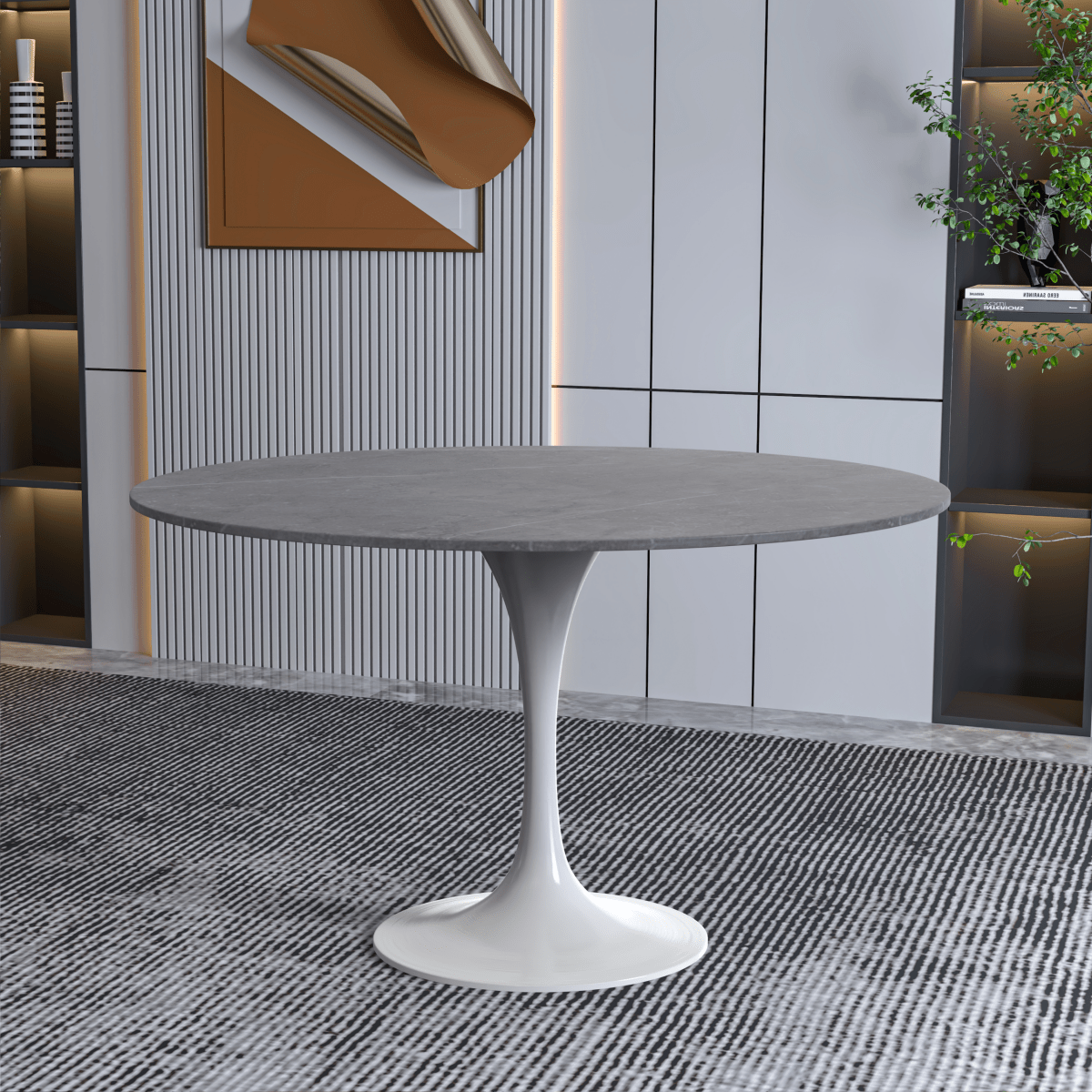 Leisuremod Dining Table Verve Round Dining Table with MDF/Sintered Stone/Resin Tabletop in White Stainless Steel Pedestal Base