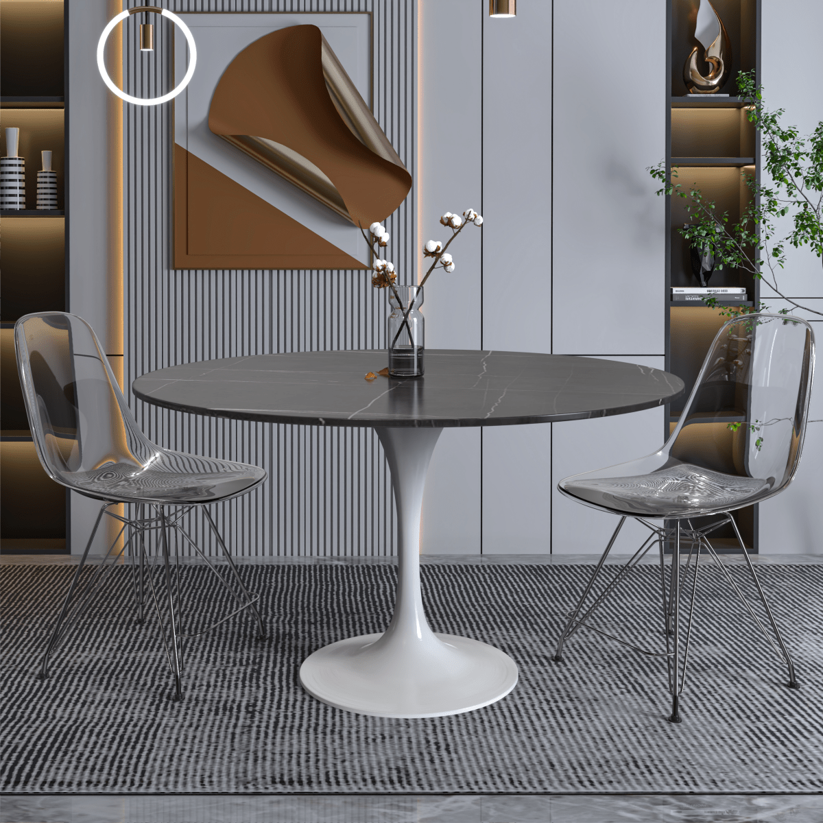 Leisuremod Dining Table Verve Round Dining Table with MDF/Sintered Stone/Resin Tabletop in White Stainless Steel Pedestal Base