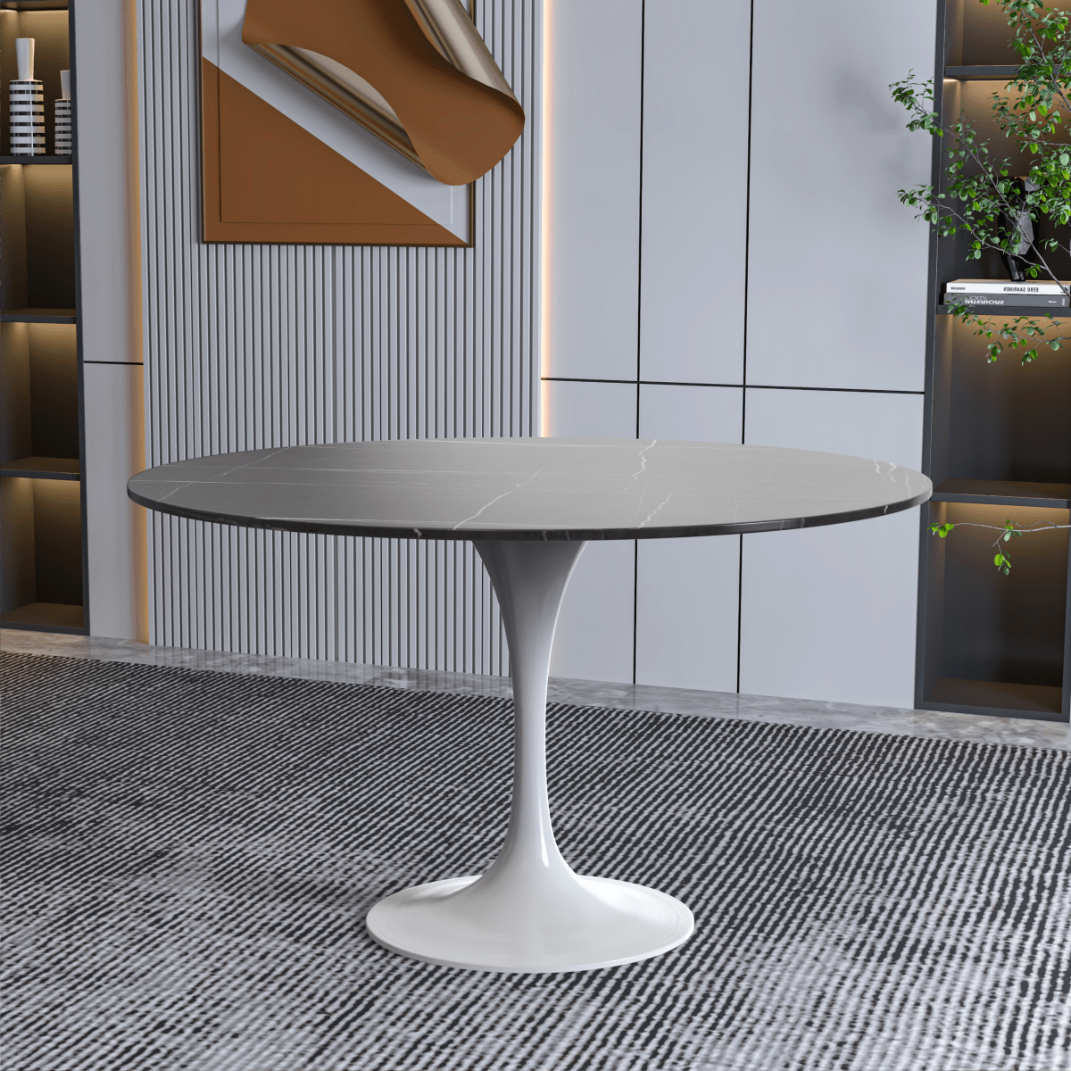 Leisuremod Dining Table Verve Round Dining Table with MDF/Sintered Stone/Resin Tabletop in White Stainless Steel Pedestal Base
