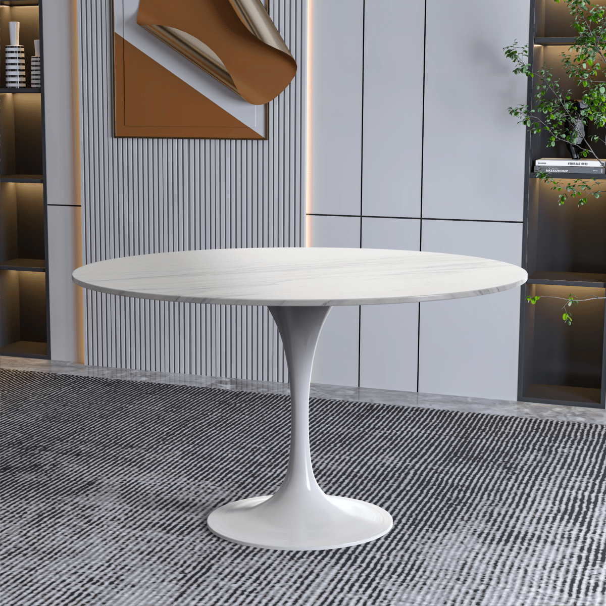 Leisuremod Dining Table Verve Round Dining Table with MDF/Sintered Stone/Resin Tabletop in White Stainless Steel Pedestal Base
