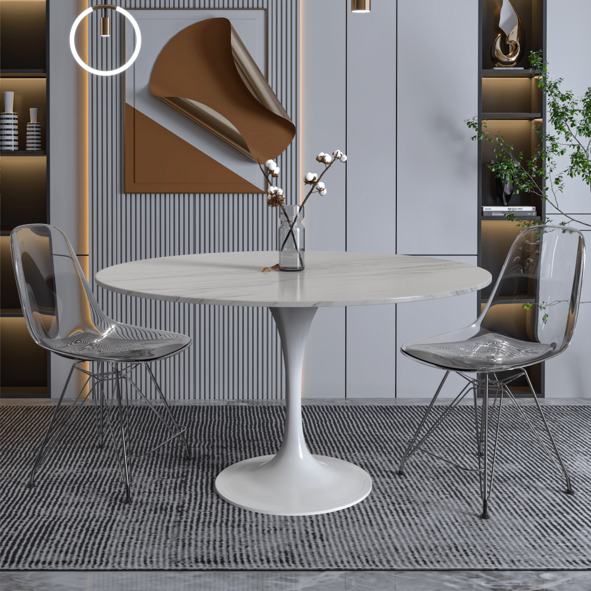 Leisuremod Dining Table Verve Round Dining Table with MDF/Sintered Stone/Resin Tabletop in White Stainless Steel Pedestal Base