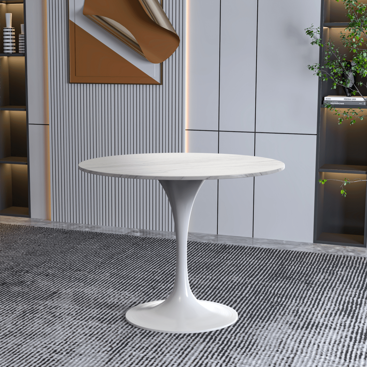 Leisuremod Dining Table Verve Round Dining Table with MDF/Sintered Stone/Resin Tabletop in White Stainless Steel Pedestal Base
