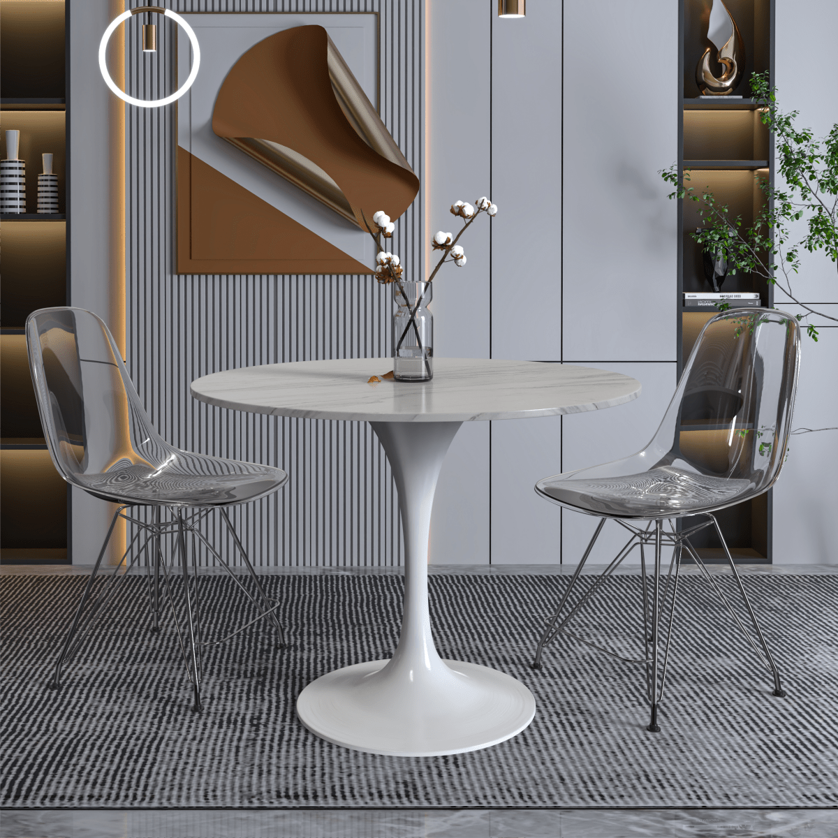 Leisuremod Dining Table Verve Round Dining Table with MDF/Sintered Stone/Resin Tabletop in White Stainless Steel Pedestal Base