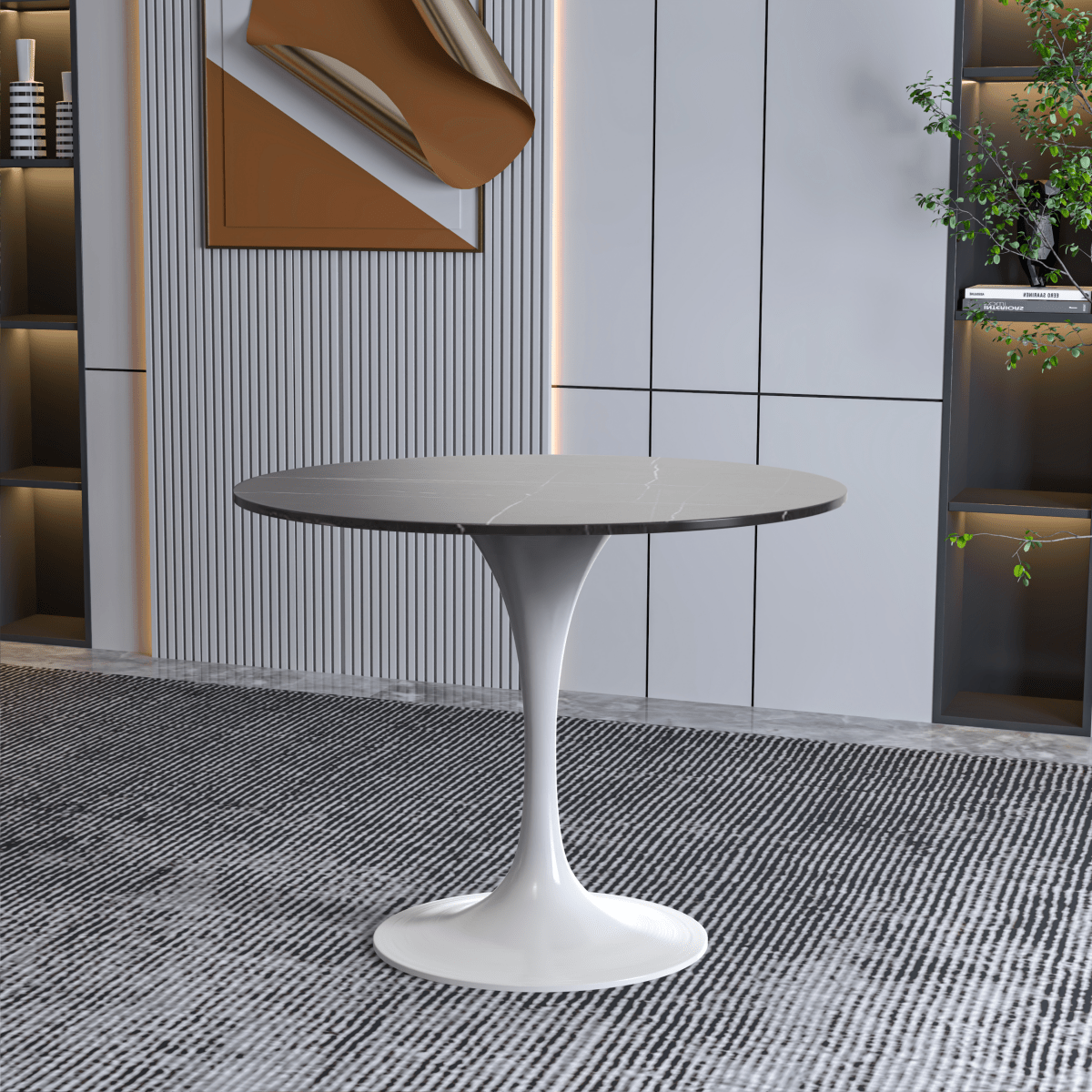 Leisuremod Dining Table Verve Round Dining Table with MDF/Sintered Stone/Resin Tabletop in White Stainless Steel Pedestal Base