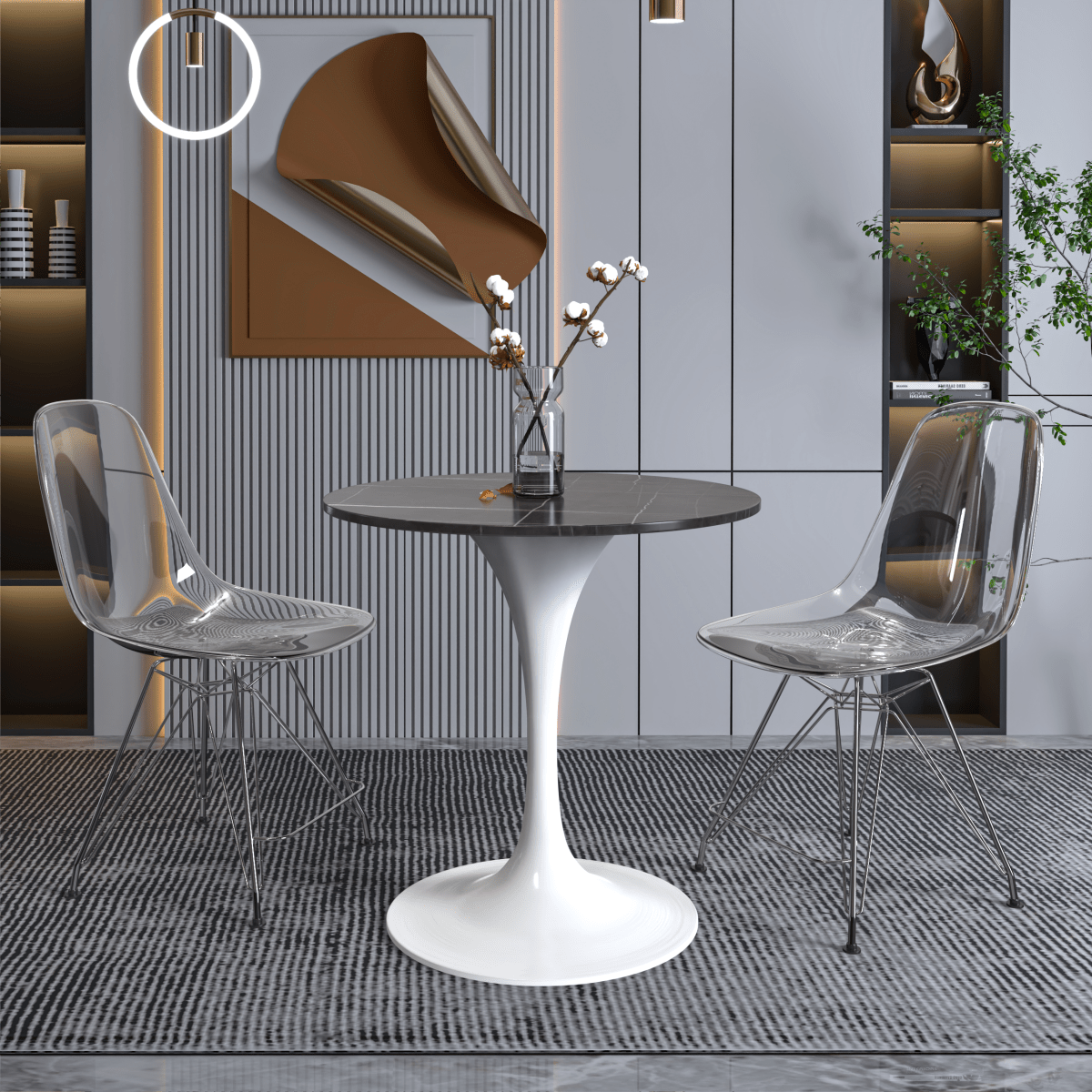 Leisuremod Dining Table Verve Round Dining Table with MDF/Sintered Stone/Resin Tabletop in White Stainless Steel Pedestal Base