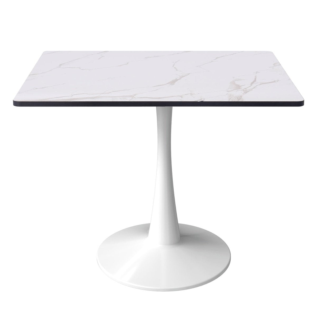 LeisureMod Dining Table White / 35" Wide Bristol Square Dining Table with Marble White MDF Top and Steel Pedestal Base