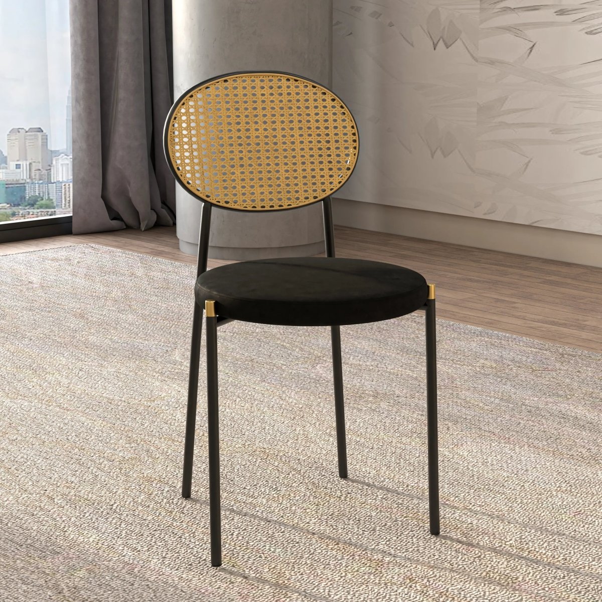 LeisureMod Euston Modern Wicker Dining Chair with Velvet/Leather Round Seat Set of 2