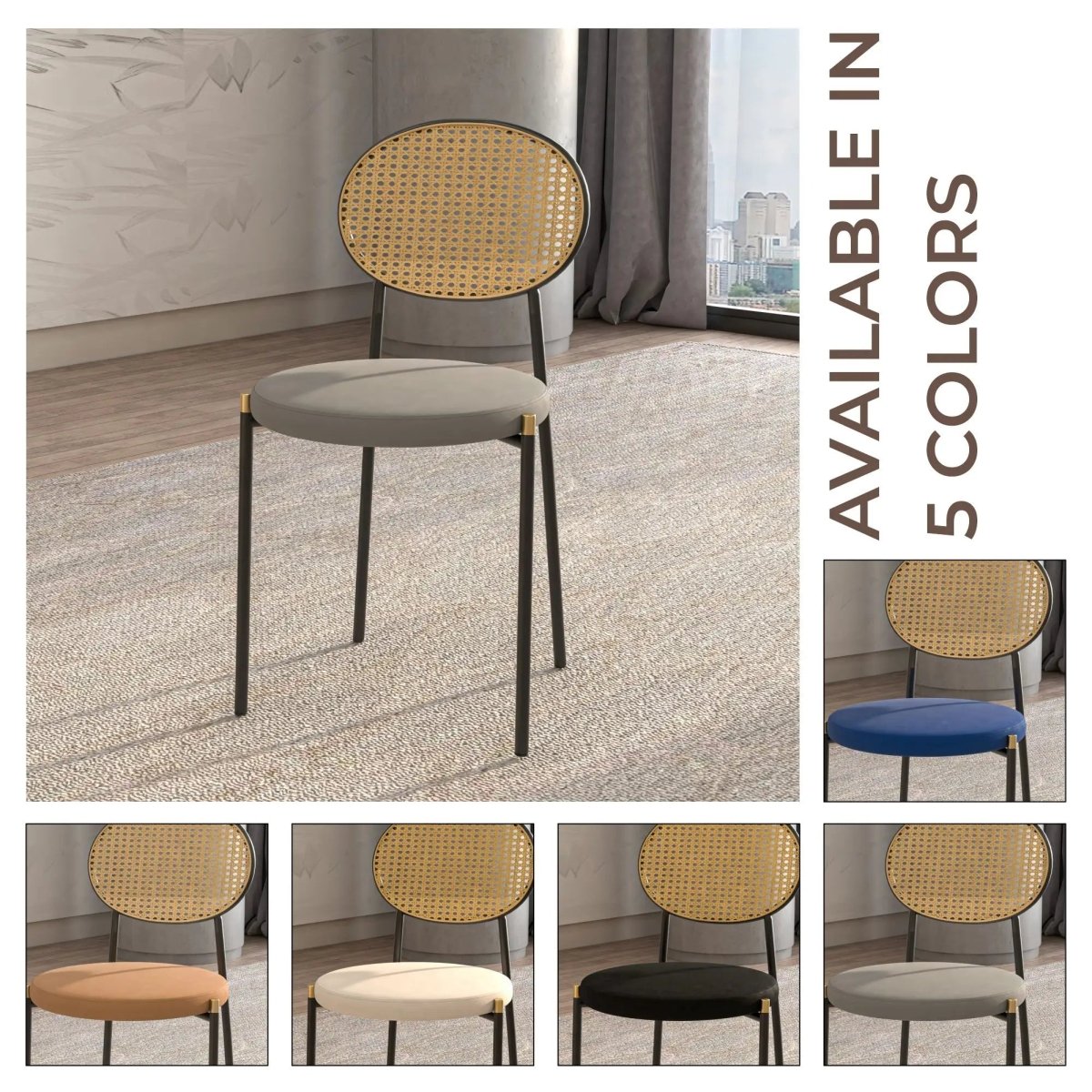 LeisureMod Euston Modern Wicker Dining Chair with Velvet/Leather Round Seat Set of 2