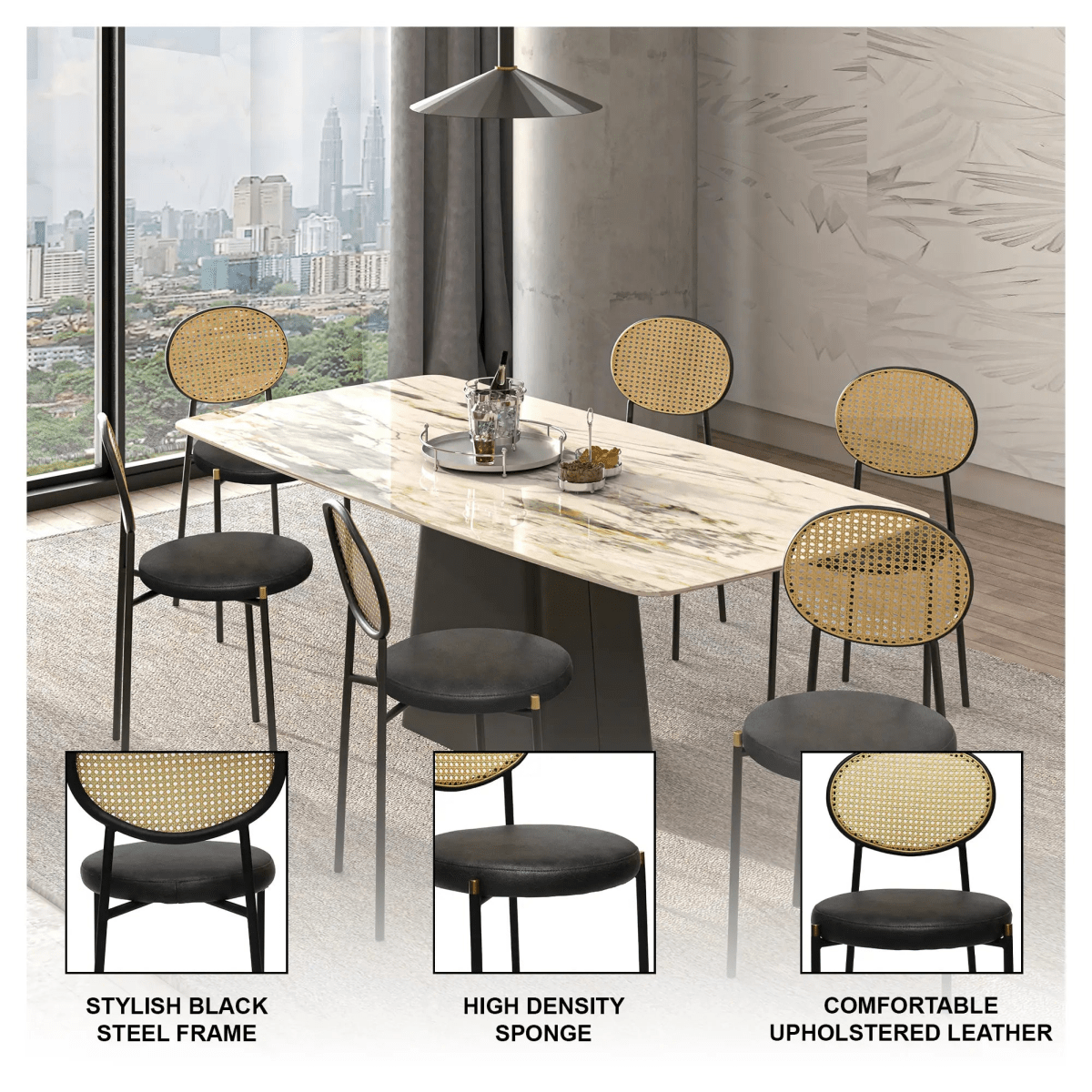 LeisureMod Euston Modern Wicker Dining Chair with Velvet/Leather Round Seat Set of 2