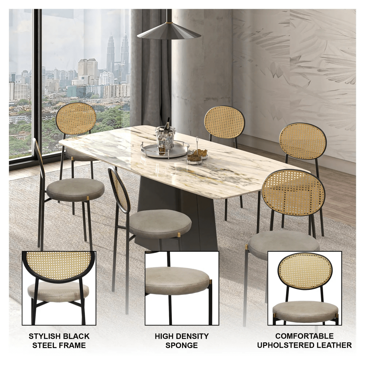 LeisureMod Euston Modern Wicker Dining Chair with Velvet/Leather Round Seat Set of 2