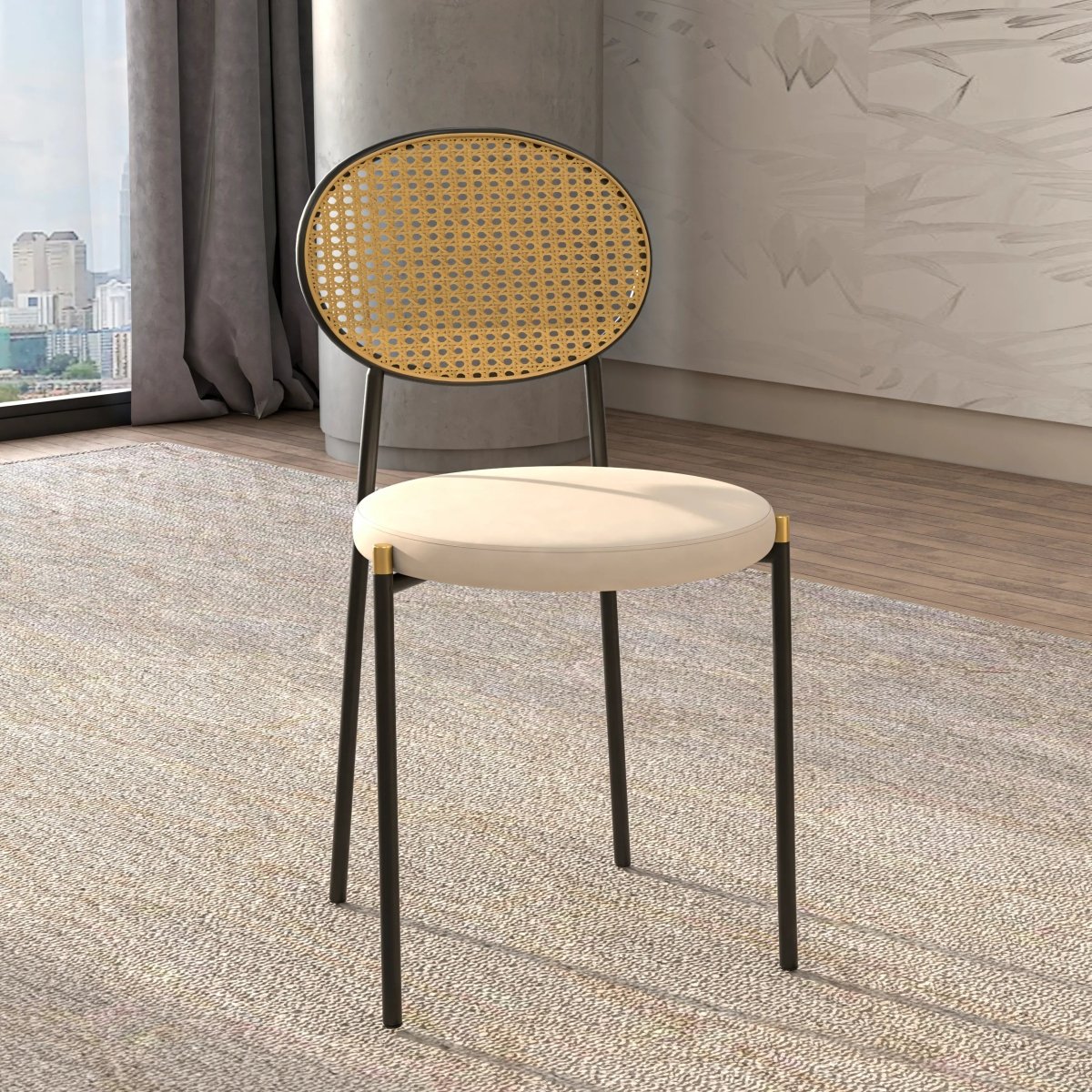LeisureMod Euston Modern Wicker Dining Chair with Velvet/Leather Round Seat Set of 2