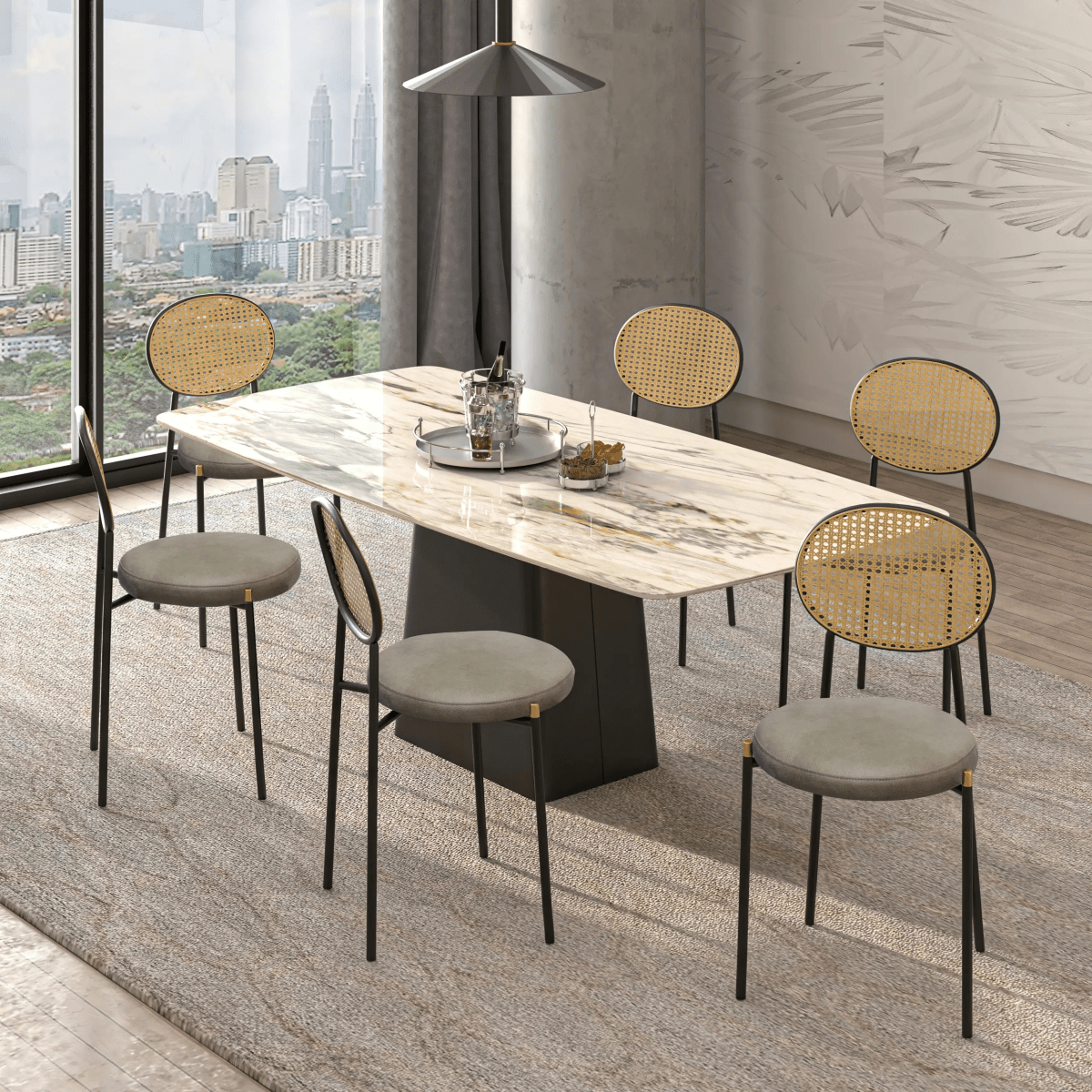 LeisureMod Euston Modern Wicker Dining Chair with Velvet/Leather Round Seat Set of 2
