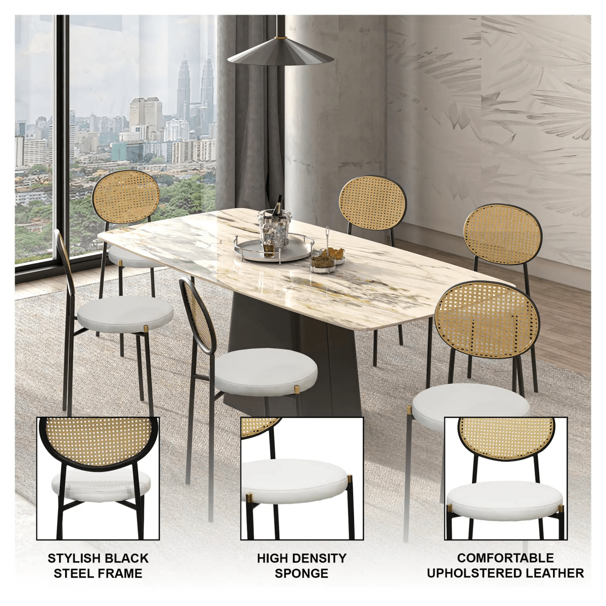 LeisureMod Euston Modern Wicker Dining Chair with Velvet/Leather Round Seat Set of 2