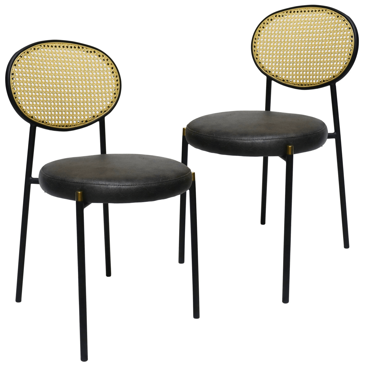 LeisureMod Euston Modern Wicker Dining Chair with Velvet/Leather Round Seat Set of 2