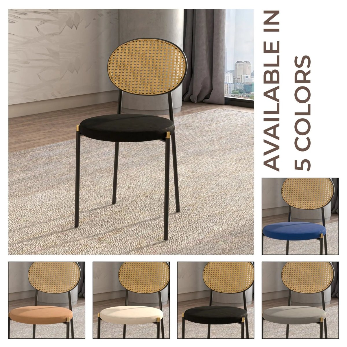 LeisureMod Euston Modern Wicker Dining Chair with Velvet/Leather Round Seat Set of 2