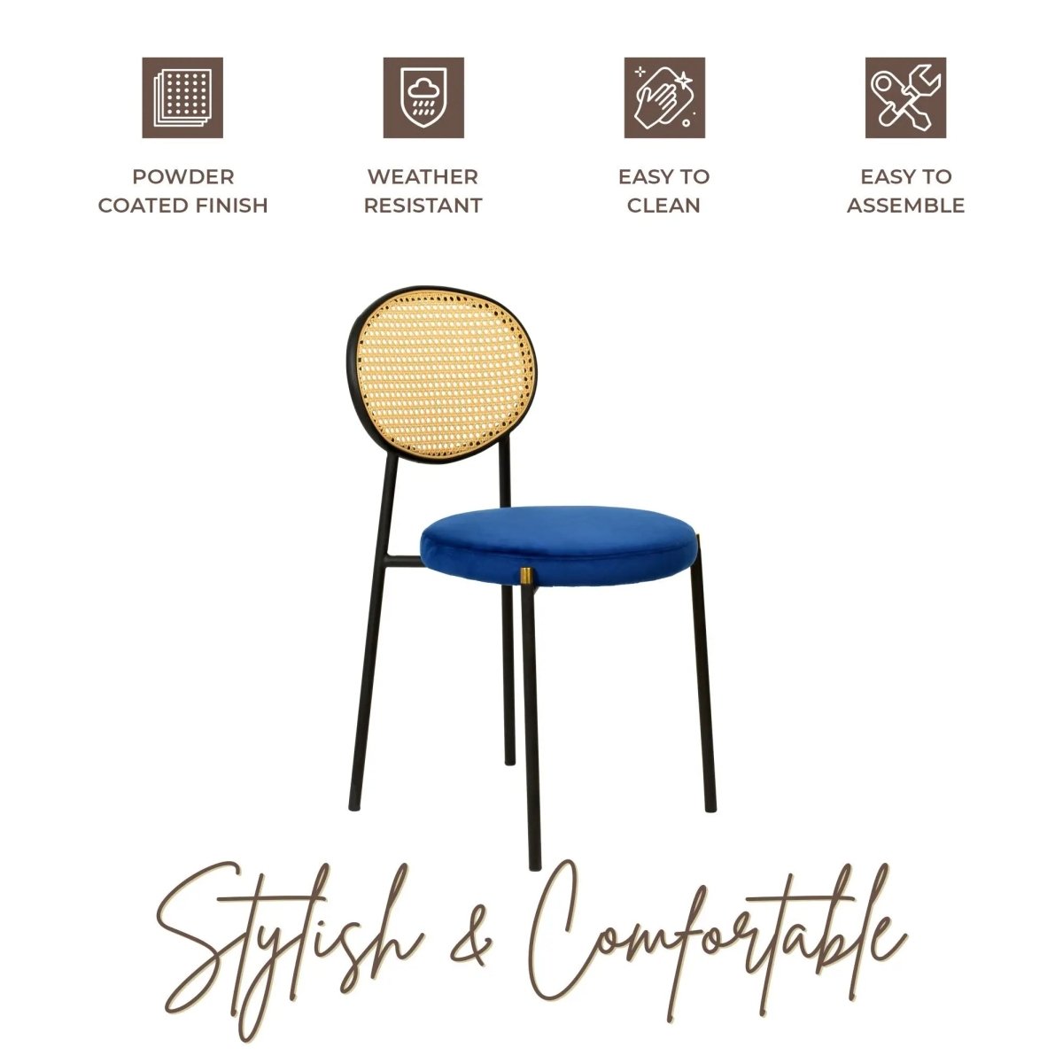LeisureMod Euston Modern Wicker Dining Chair with Velvet/Leather Round Seat Set of 2