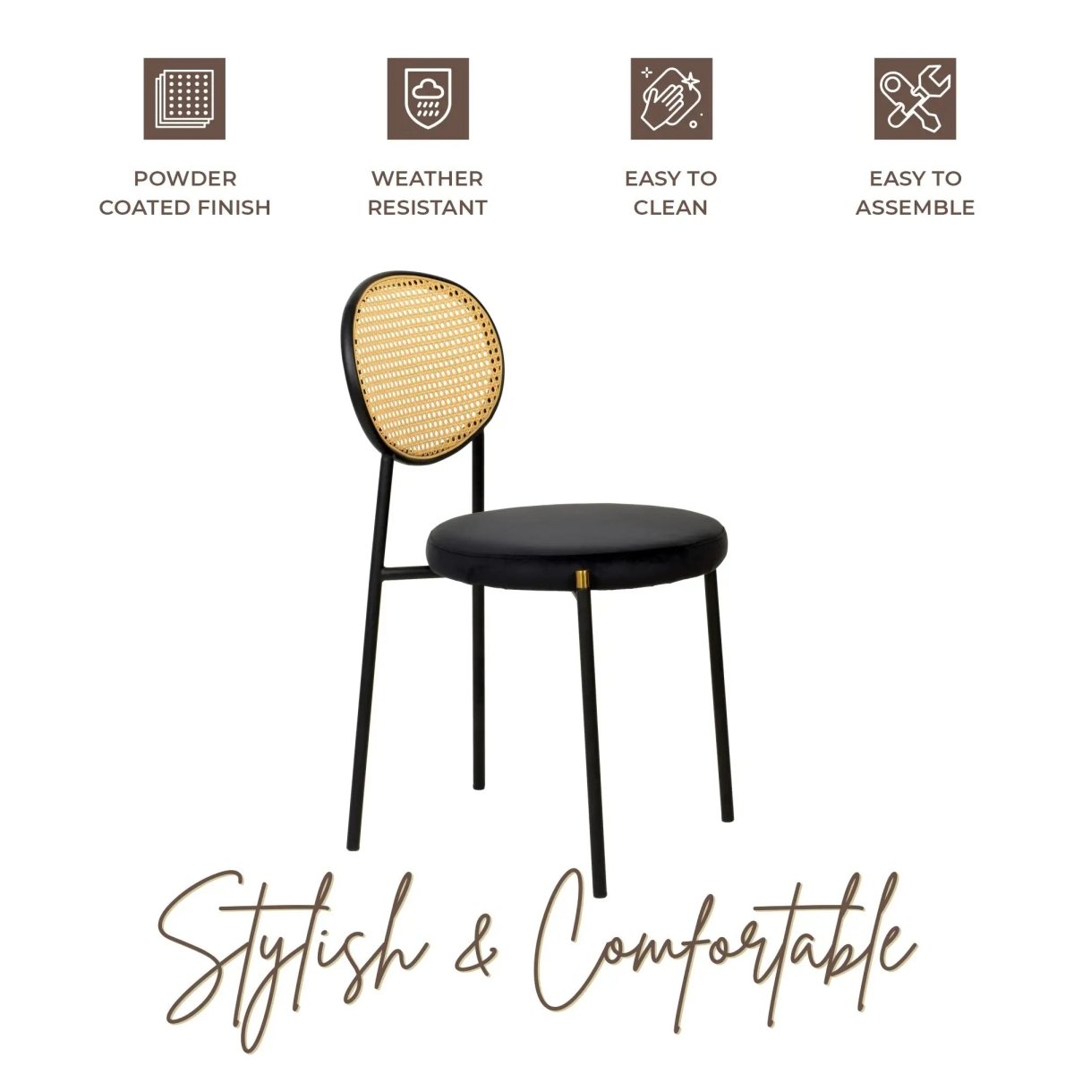 LeisureMod Euston Modern Wicker Dining Chair with Velvet/Leather Round Seat Set of 2