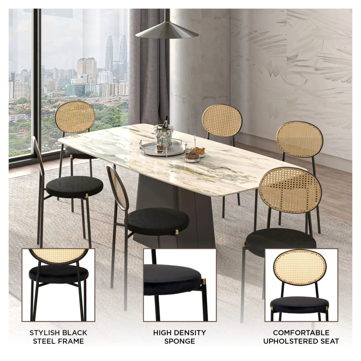 LeisureMod Euston Modern Wicker Dining Chair with Velvet/Leather Round Seat Set of 2