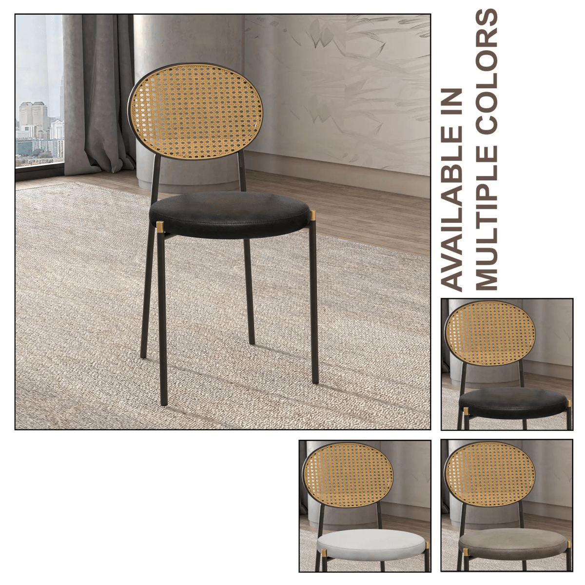 LeisureMod Euston Modern Wicker Dining Chair with Velvet/Leather Round Seat Set of 2