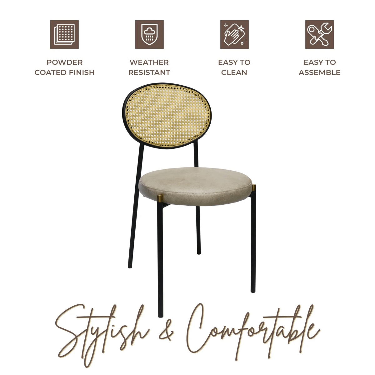 LeisureMod Euston Modern Wicker Dining Chair with Velvet/Leather Round Seat Set of 2