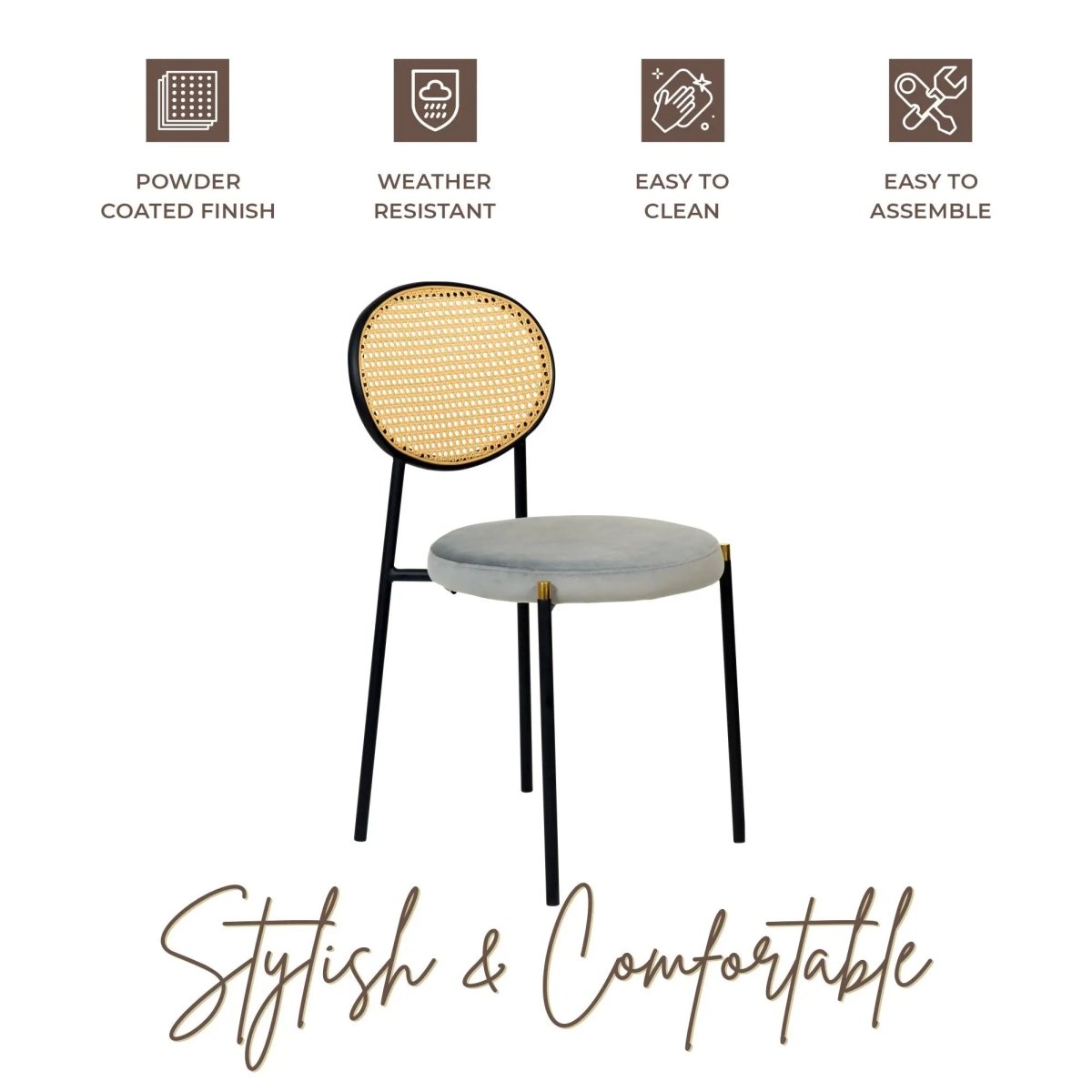 LeisureMod Euston Modern Wicker Dining Chair with Velvet/Leather Round Seat Set of 2