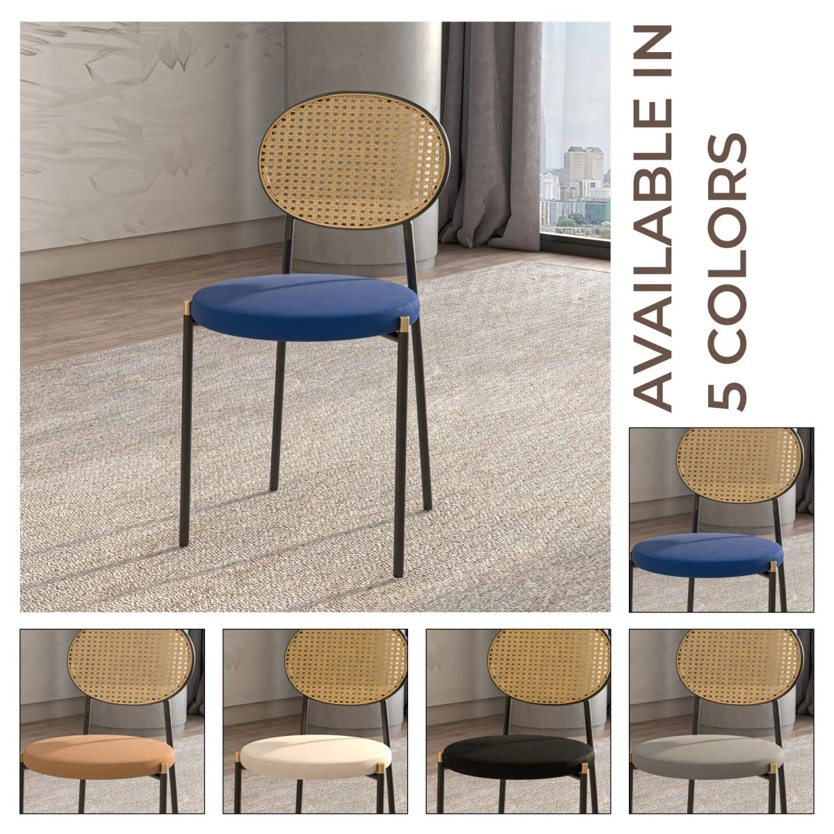 LeisureMod Euston Modern Wicker Dining Chair with Velvet/Leather Round Seat Set of 2