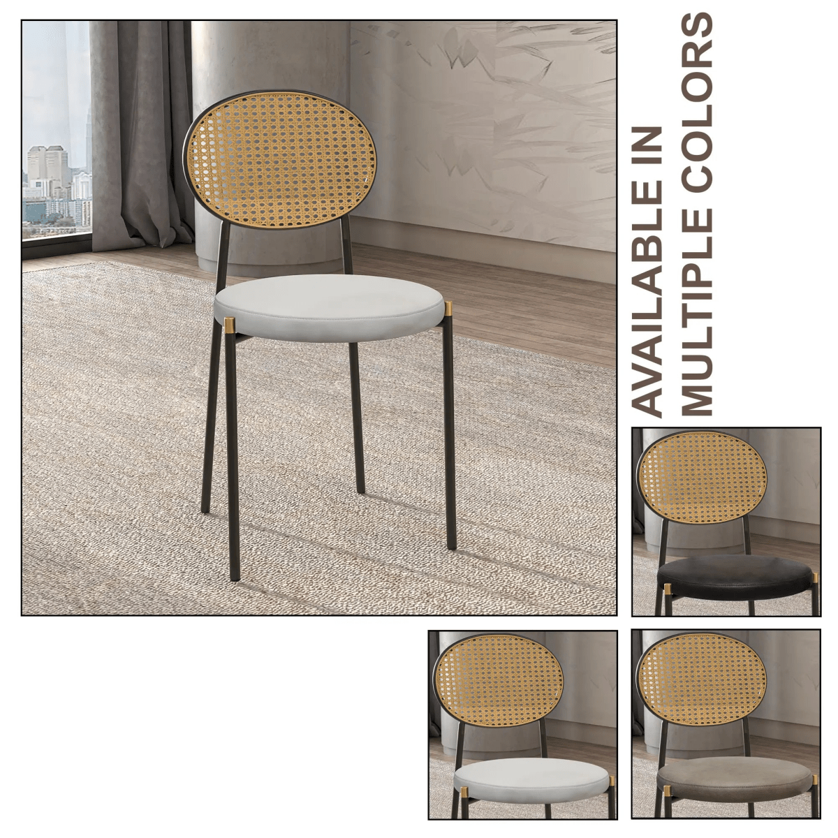 LeisureMod Euston Modern Wicker Dining Chair with Velvet/Leather Round Seat Set of 2