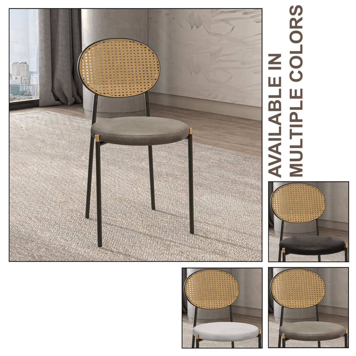 LeisureMod Euston Modern Wicker Dining Chair with Velvet/Leather Round Seat Set of 2
