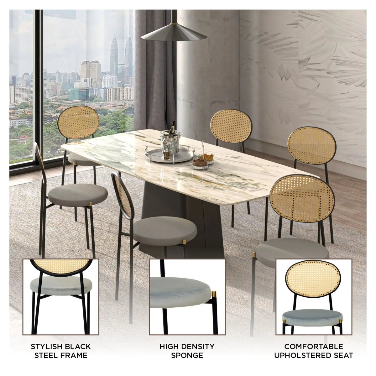 LeisureMod Euston Modern Wicker Dining Chair with Velvet/Leather Round Seat Set of 2