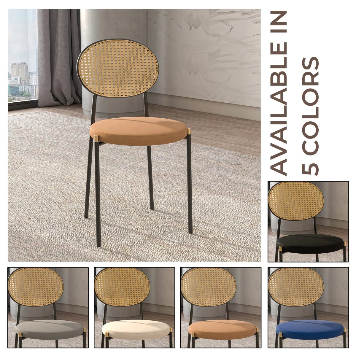 LeisureMod Euston Modern Wicker Dining Chair with Velvet/Leather Round Seat Set of 2