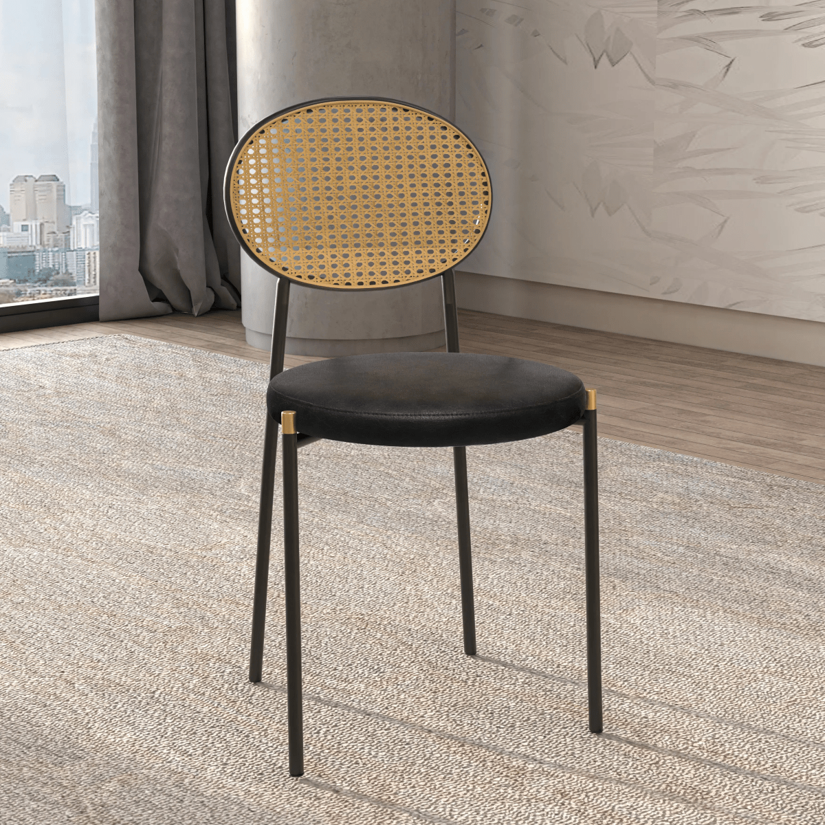 LeisureMod Euston Modern Wicker Dining Chair with Velvet/Leather Round Seat Set of 2