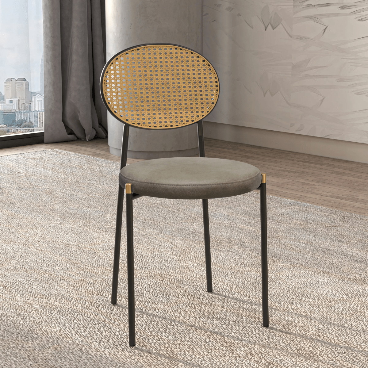 LeisureMod Euston Modern Wicker Dining Chair with Velvet/Leather Round Seat Set of 2