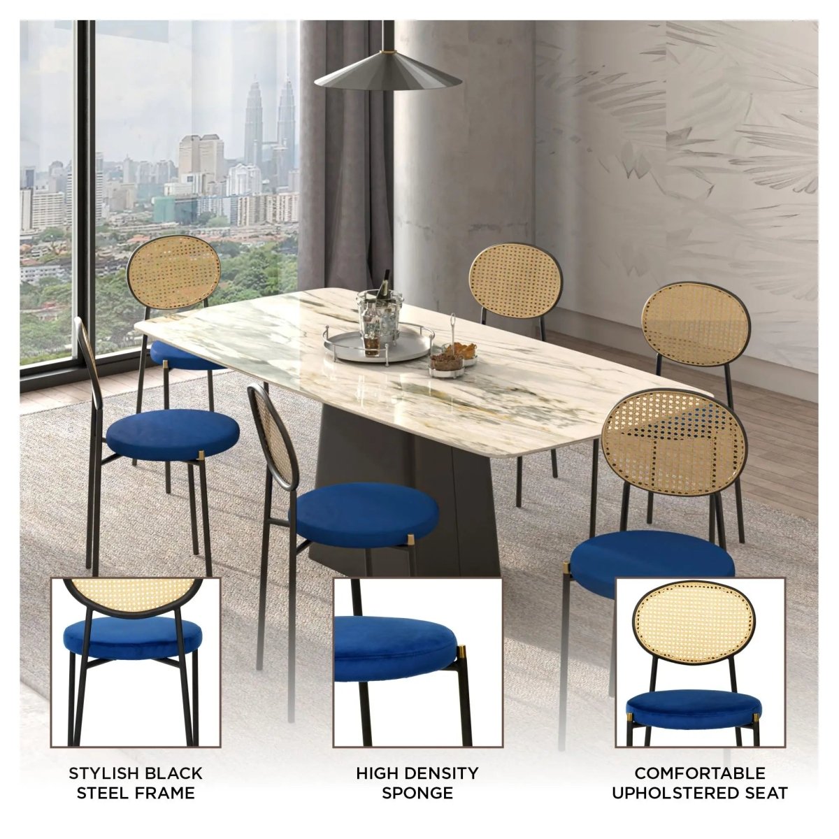 LeisureMod Euston Modern Wicker Dining Chair with Velvet/Leather Round Seat Set of 2
