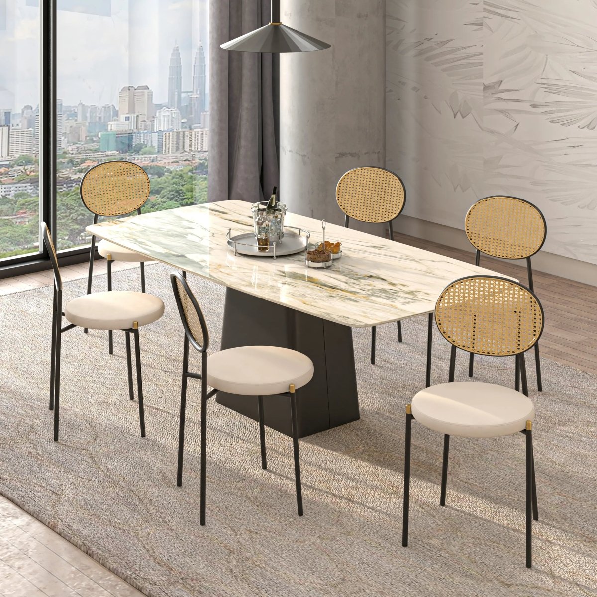 LeisureMod Euston Modern Wicker Dining Chair with Velvet/Leather Round Seat Set of 2