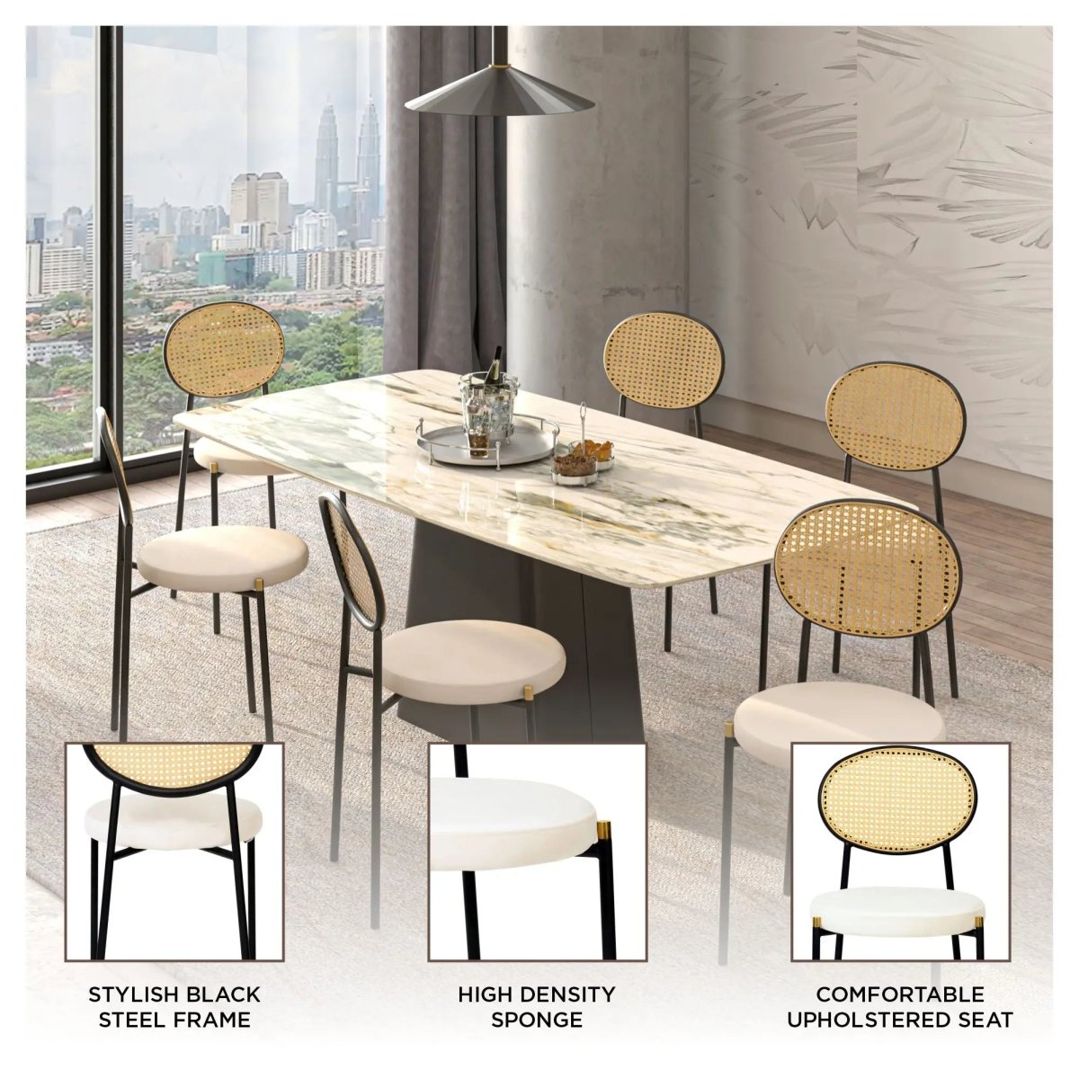 LeisureMod Euston Modern Wicker Dining Chair with Velvet/Leather Round Seat Set of 2