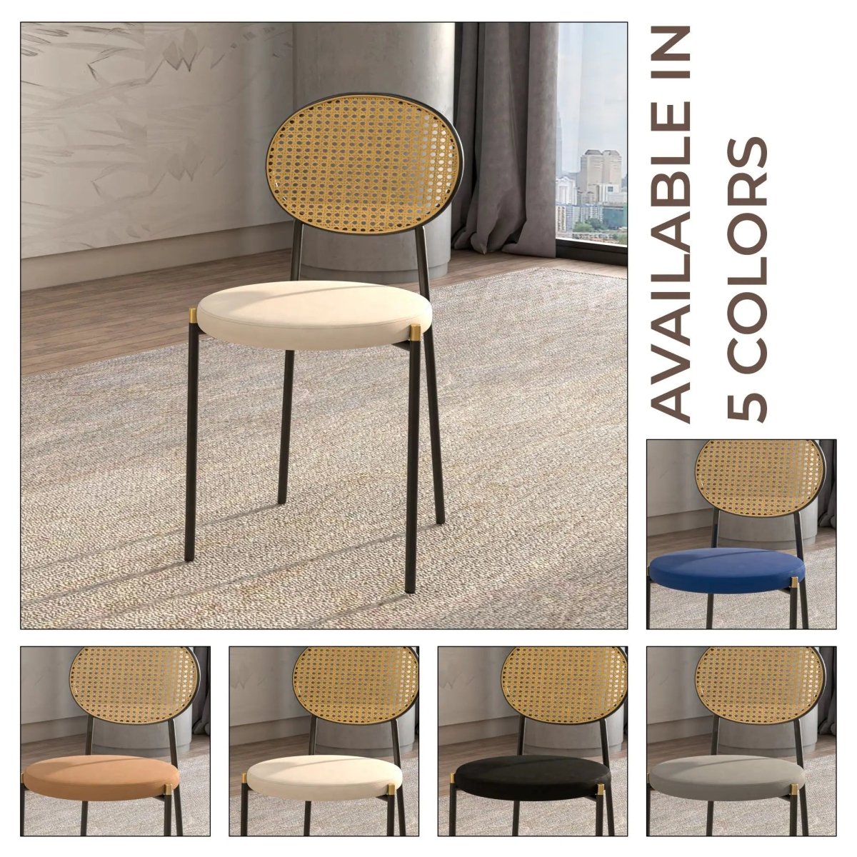 LeisureMod Euston Modern Wicker Dining Chair with Velvet/Leather Round Seat Set of 2