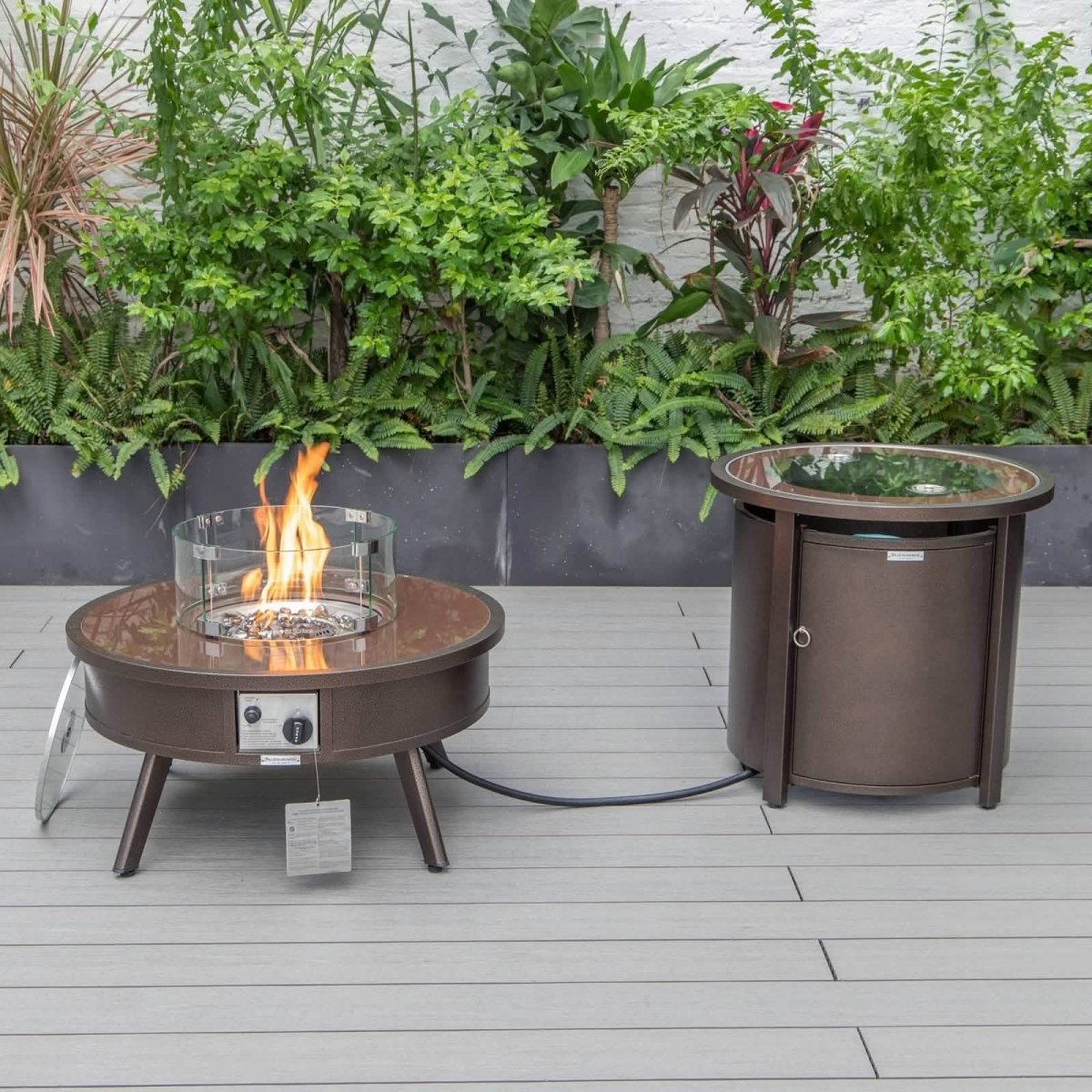 Walbrooke Outdoor Patio Round Fire Pit and Tank Holder Brown Fire Pits Leisuremod