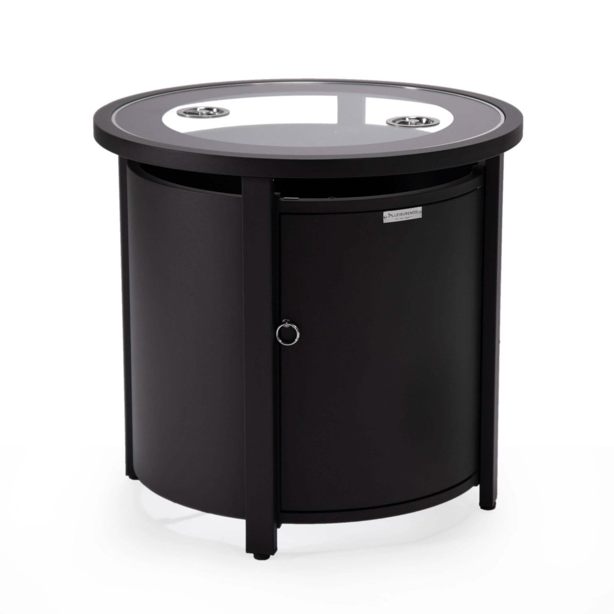 Walbrooke Modern Round Tank Holder Table with Tempered Glass Top and Powder Coated Aluminum Slats/Non Slats Design Non Slats Black Fire Pits Leisuremod